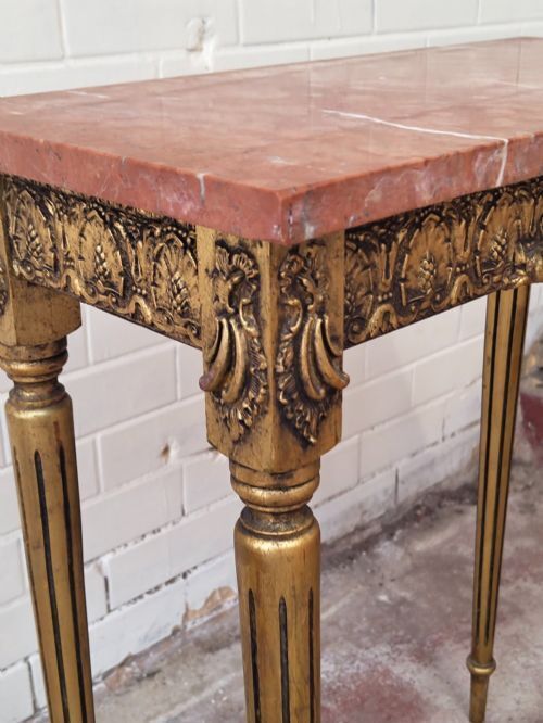 Diminutive Vintage French Giltwood Marble Top Console Side Table photo vinterior