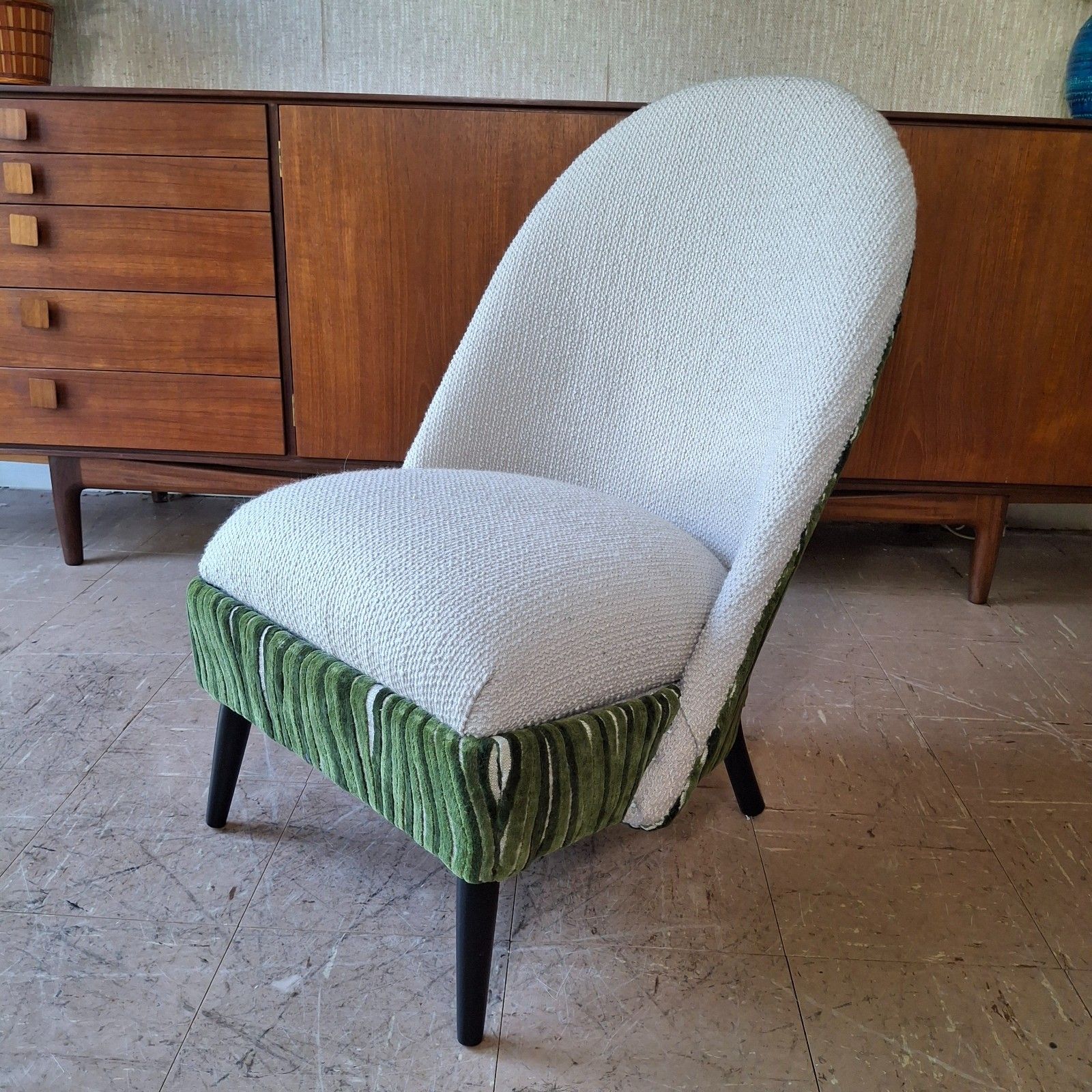 Fab Vintage Reworked Lloyd Loom Chair Stone Boucle & Green H Holland Cut Velvet photo for sale