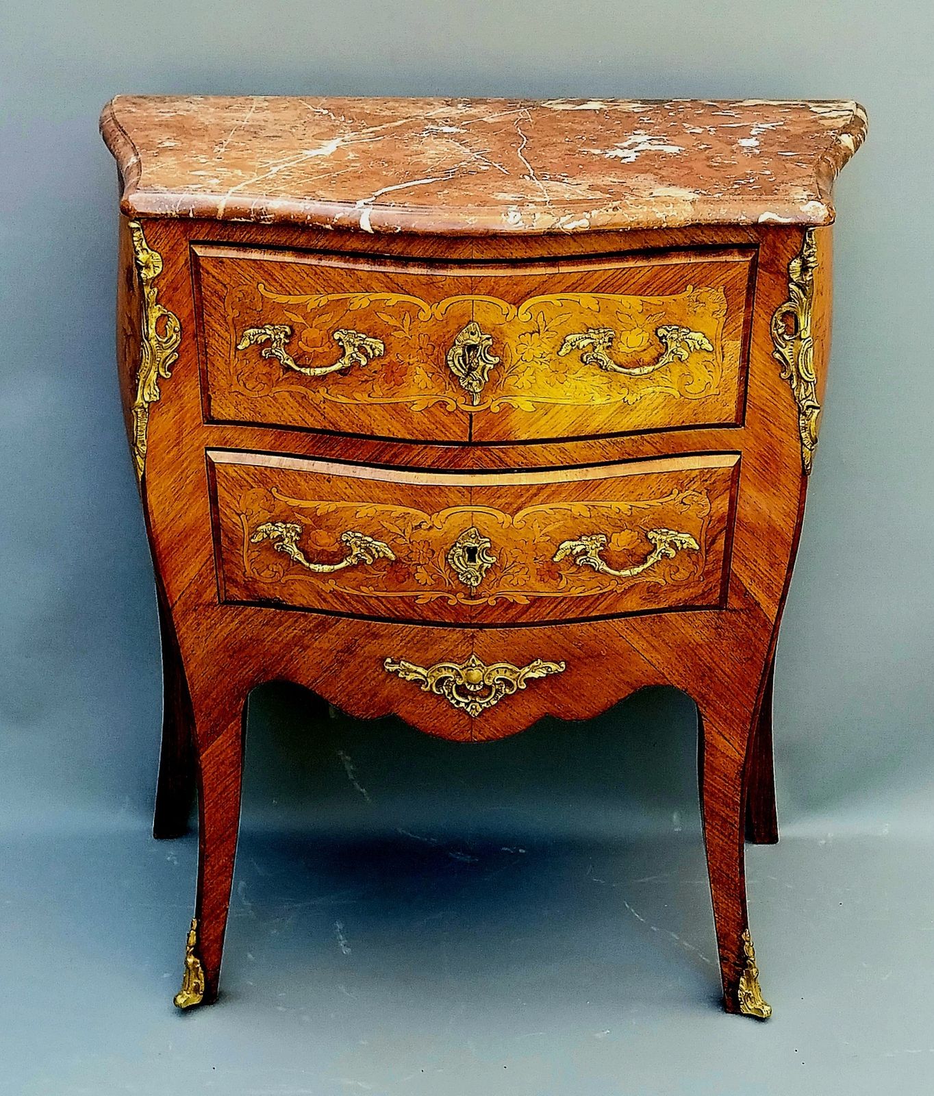 Small Antique French Inlaid Bombe Shaped Chest Of Drawers Marble Top photo for sale