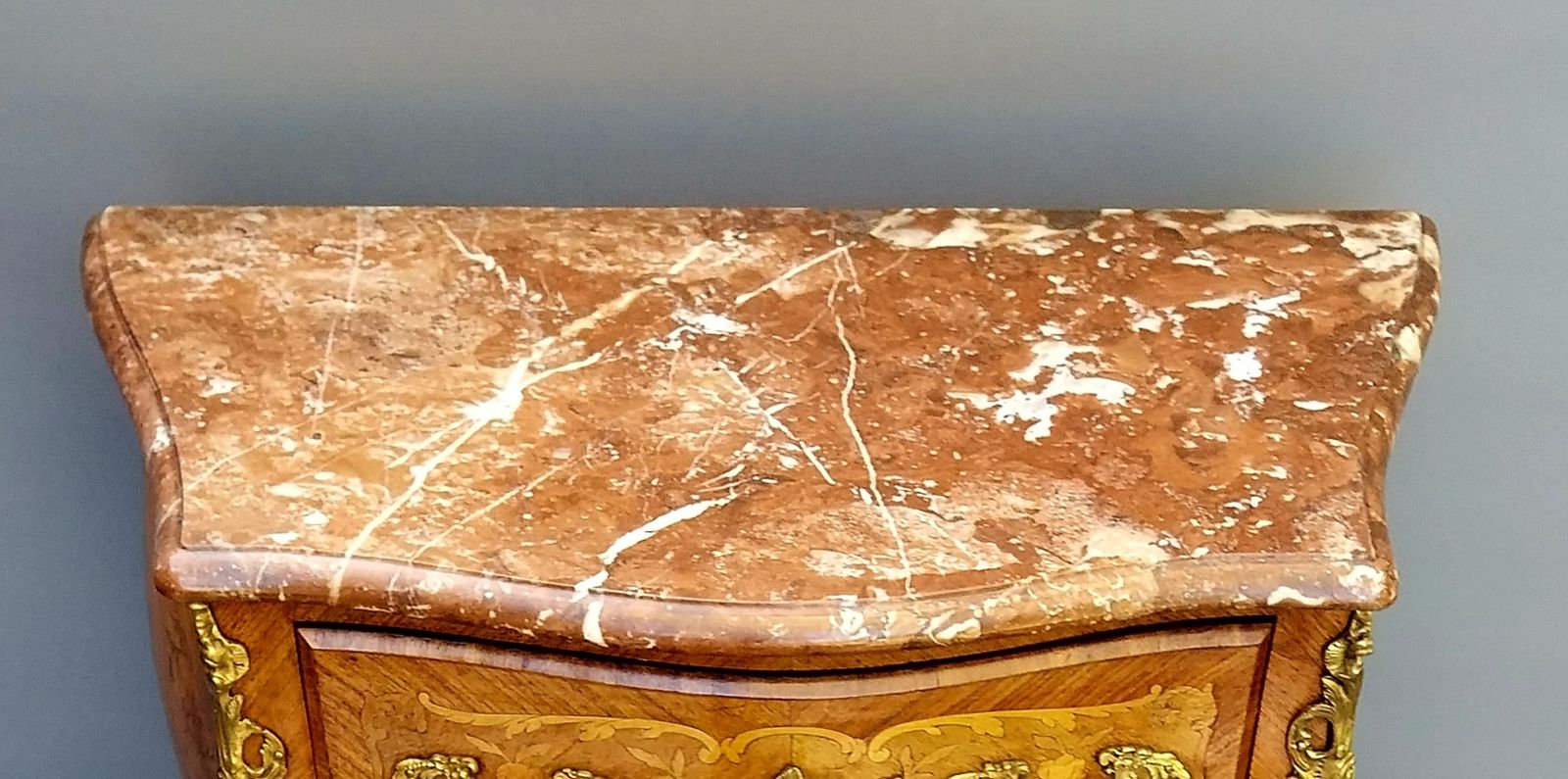 Small Antique French Inlaid Bombe Shaped Chest Of Drawers Marble Top photo vintage