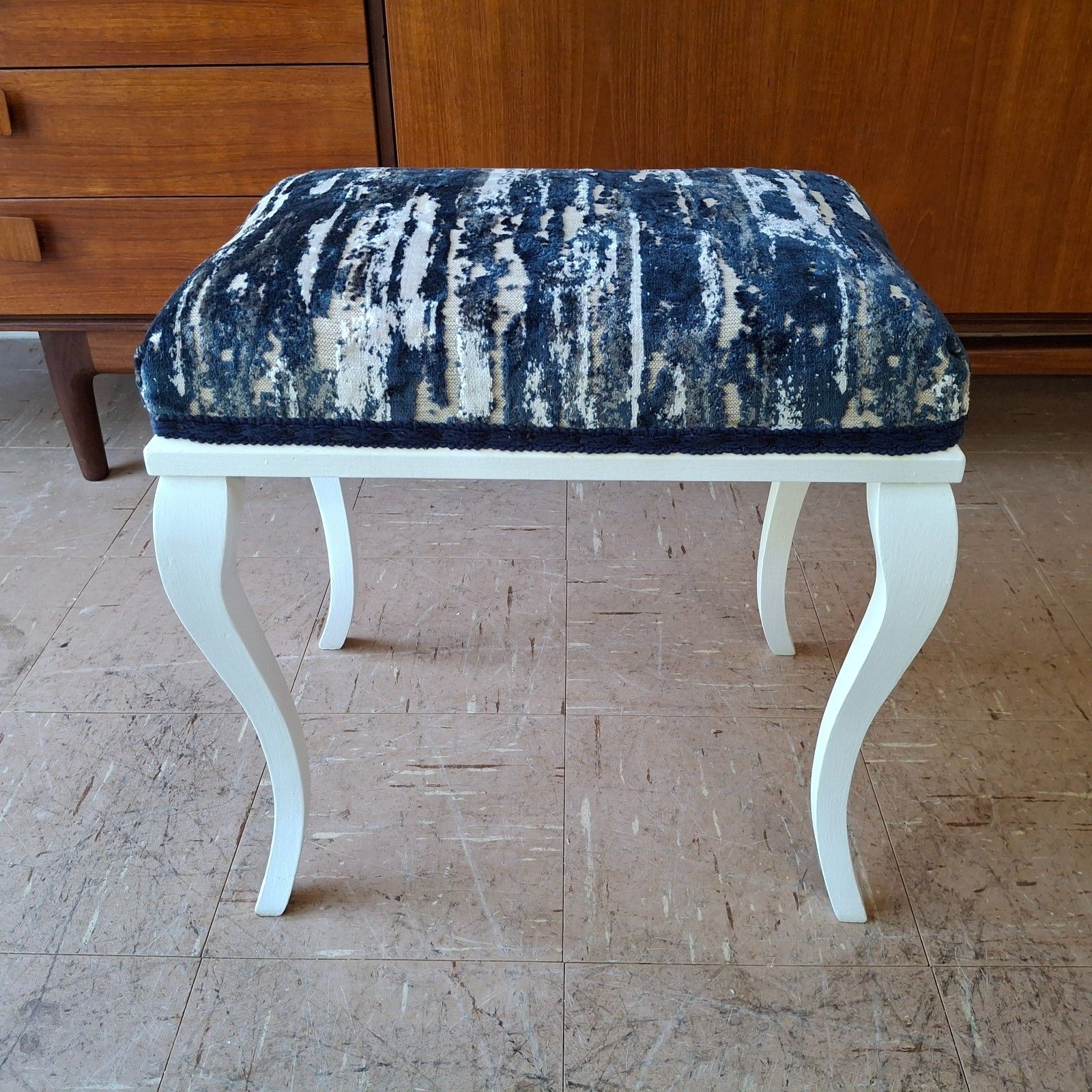 photo for sale Fab Vintage Retro White Painted Dressing Table Piano Stool Navy Cut Velvet