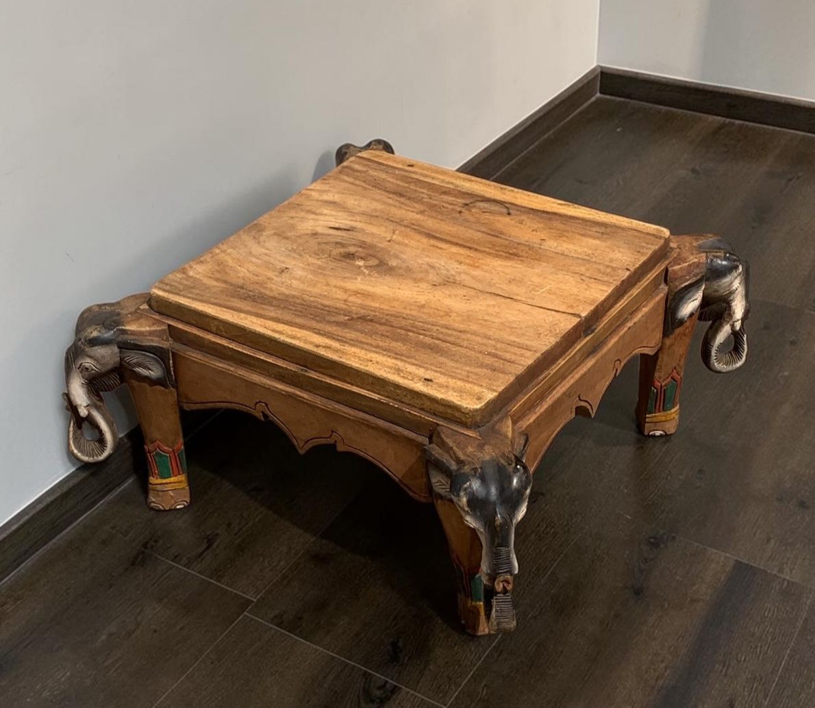 Vintage Indian Carved Elephant Coffee Table Low Stool Plant Stand Wooden photo for sale