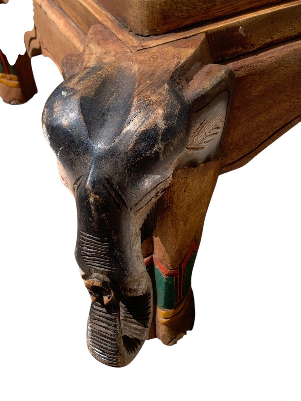 293.0 Vintage Indian Carved Elephant Coffee Table Low Stool Plant Stand Wooden photo