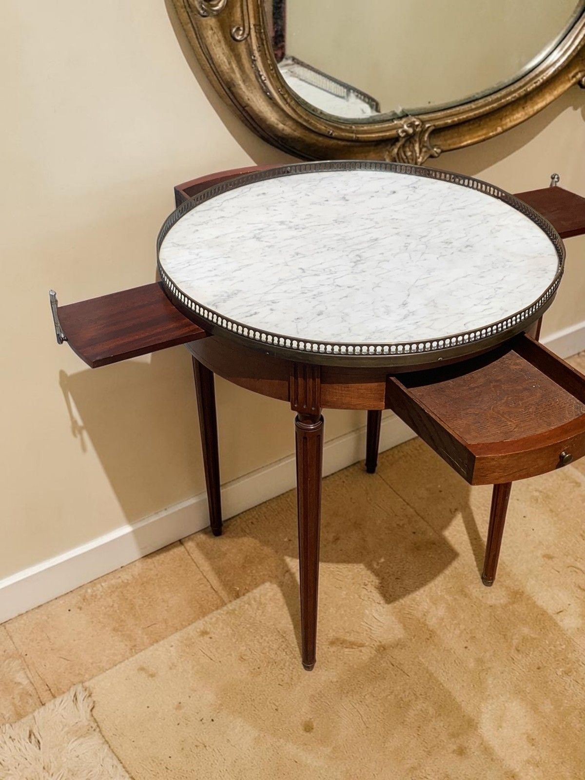 French Louis XVI Mahogany Bouillotte Table Marble Top 2 Drawers 2 Slides C1890 photo Furniture