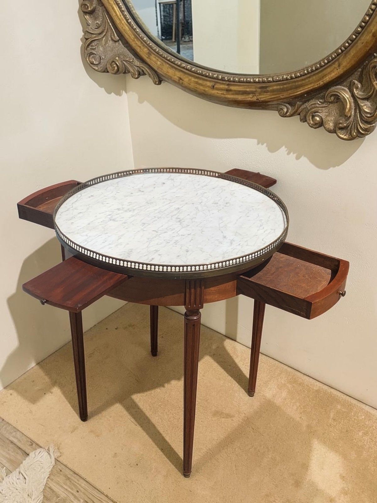 French Louis XVI Mahogany Bouillotte Table Marble Top 2 Drawers 2 Slides C1890 photo vintage