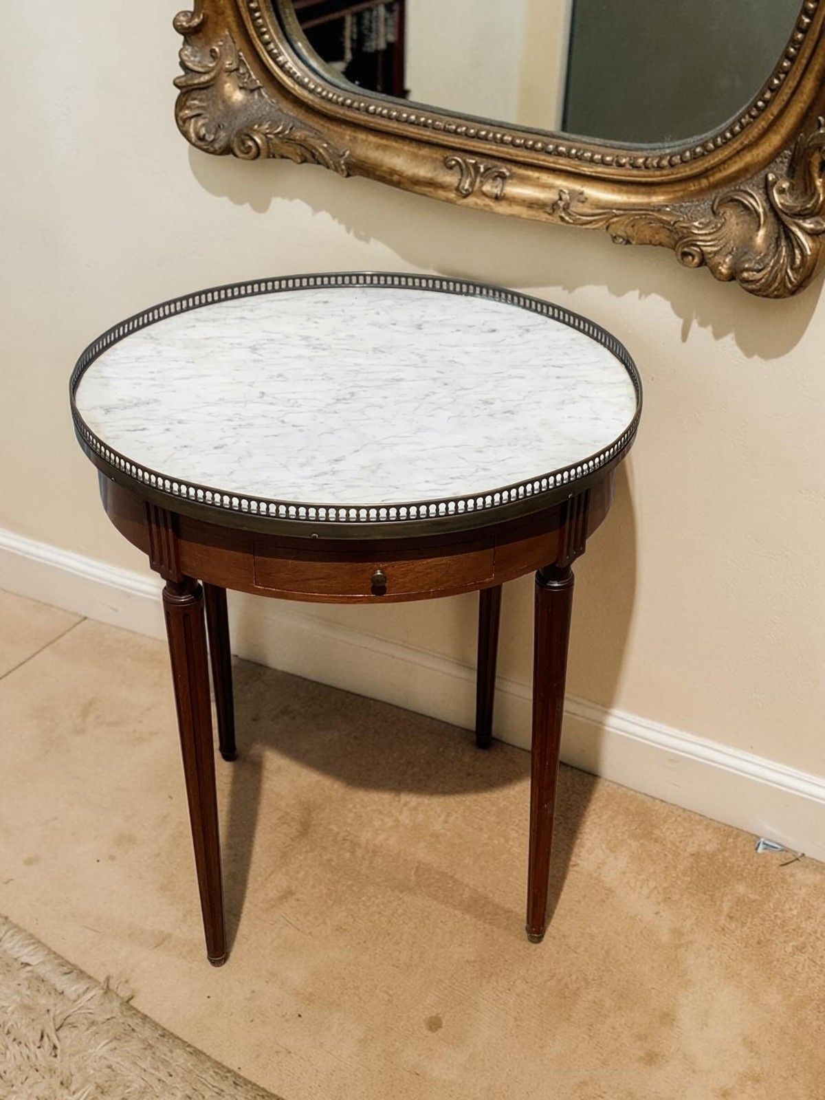 photo for sale French Louis XVI Mahogany Bouillotte Table Marble Top 2 Drawers 2 Slides C1890