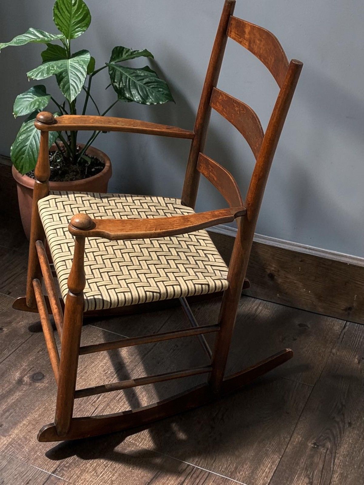 Antique American Child's Shaker Ladderback Rocking Chair Woven Seat C.1900 photo for sale