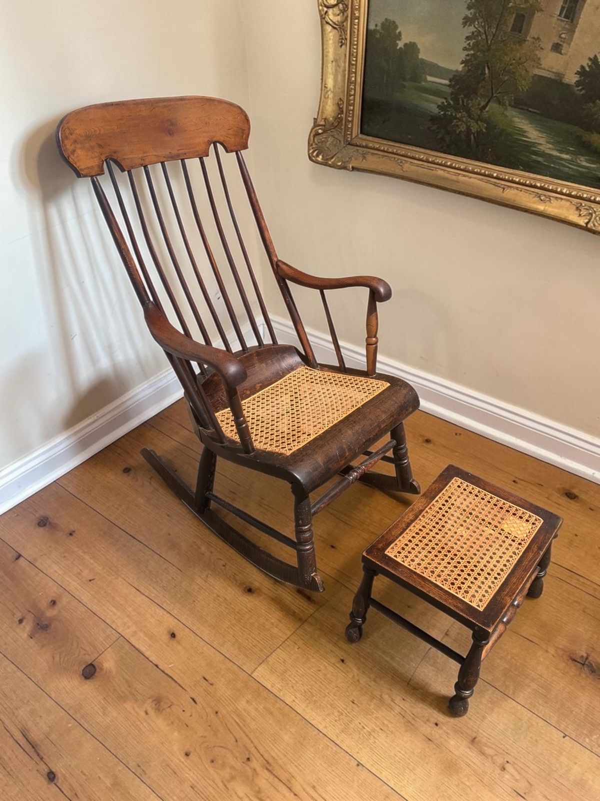 Antique Boston Rocker Chair & Matching Footstool C.1880 Victorian Windsor Cane photo furniture