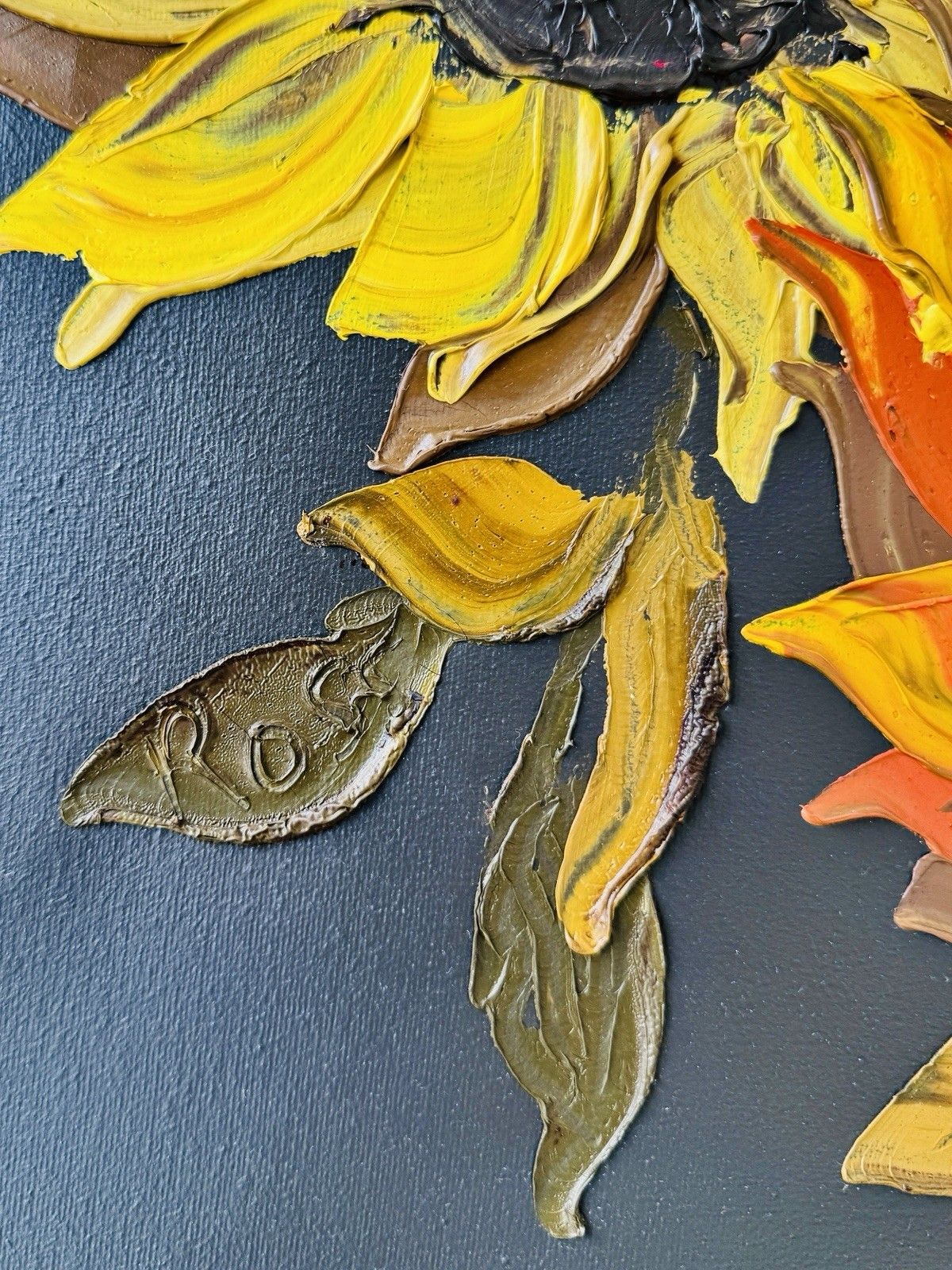 Late 20th Century Impasto Oil Painting Of Sunflowers, Signed Ross photo for sale
