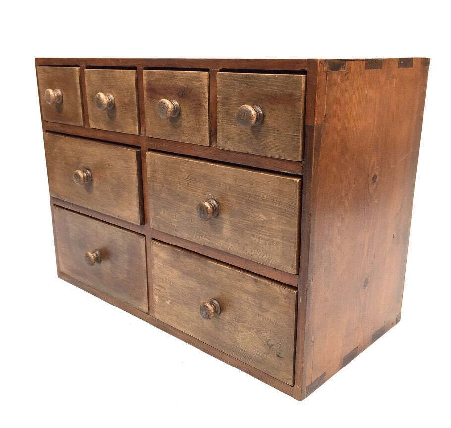Antique Wooden Large Pine Tabletop Apothecary / Seed Merchant Drawers / Cabinet photo furniture