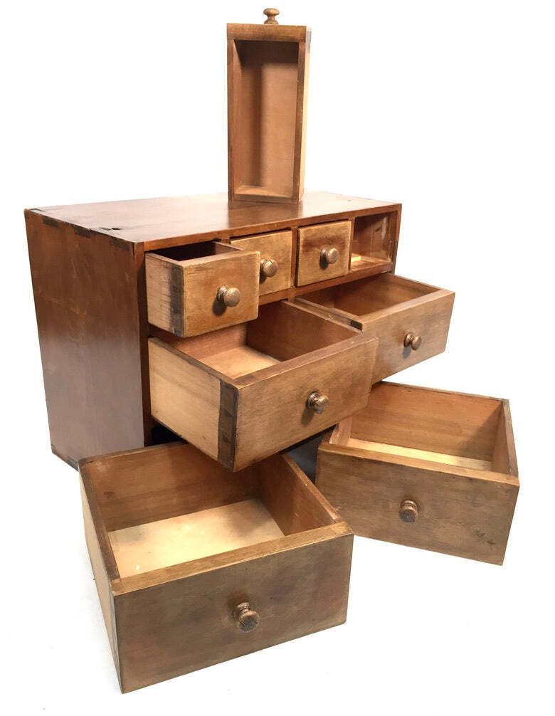 Antique Wooden Large Pine Tabletop Apothecary / Seed Merchant Drawers / Cabinet photo vinterior