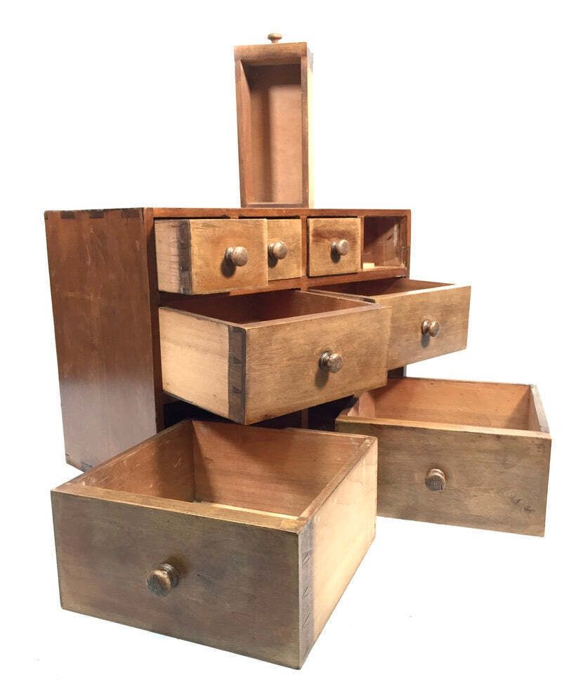 Antique Wooden Large Pine Tabletop Apothecary / Seed Merchant Drawers / Cabinet photo buy