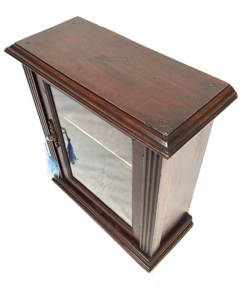 Antique Wooden & Glass Fronted Tabletop / Wall Storage Cabinet Shelf With Key photo Furniture