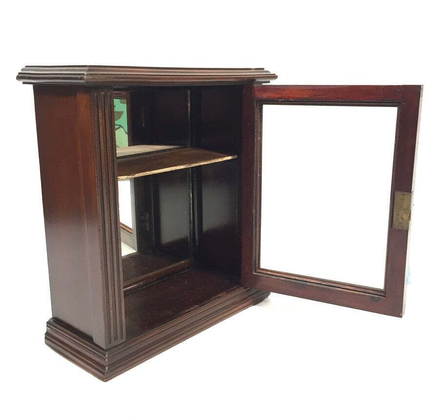Antique Wooden & Glass Fronted Tabletop / Wall Storage Cabinet Shelf With Key photo buy