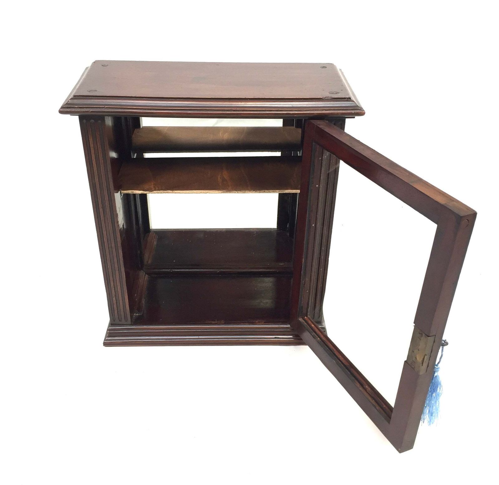 photo furniture Antique Wooden & Glass Fronted Tabletop / Wall Storage Cabinet Shelf With Key