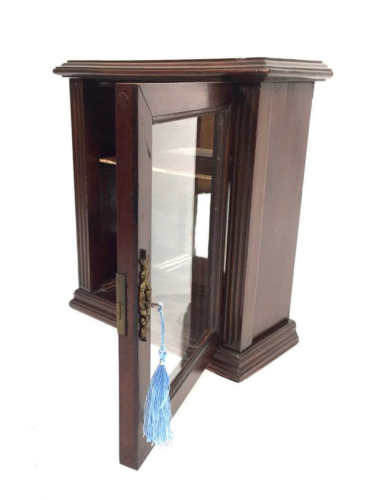 Furniture Antique Wooden & Glass Fronted Tabletop / Wall Storage Cabinet Shelf With Key photo
