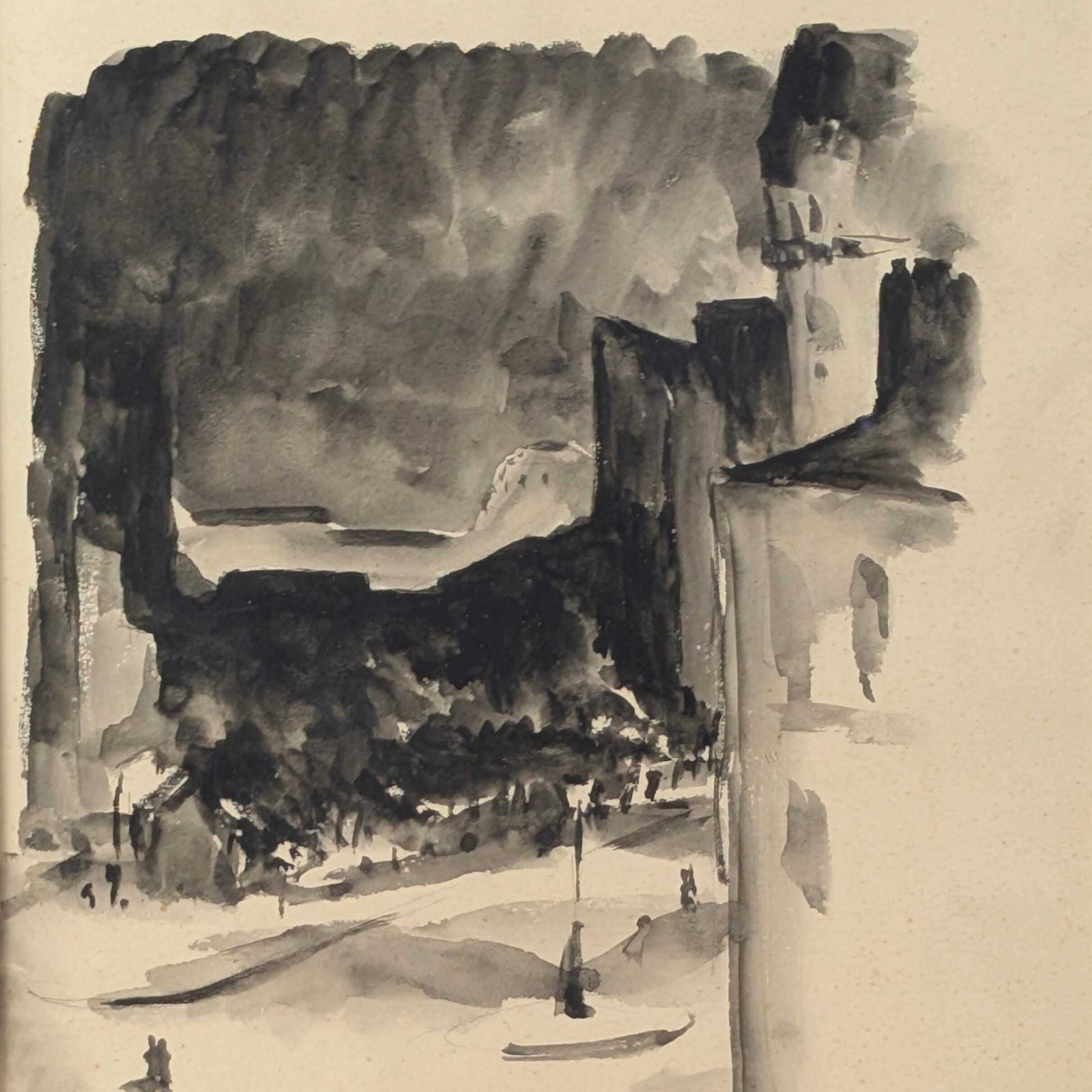 Antique Paris Ink Wash Painting, Framed 1922 Martin Hubrecht French Cityscape Art, 1920s Neutral Wall Decor photo furniture