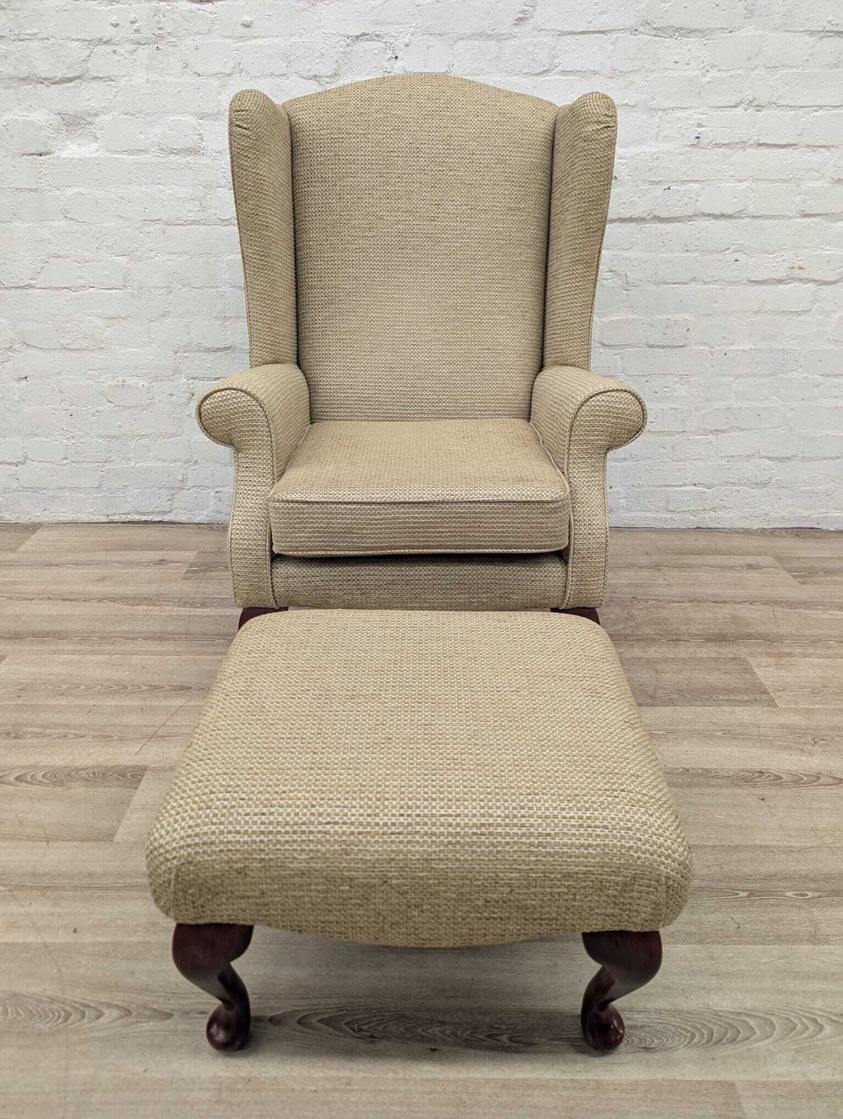 Contemporary Wing Back Armchair With Footstool Lime Green Weave photo for sale