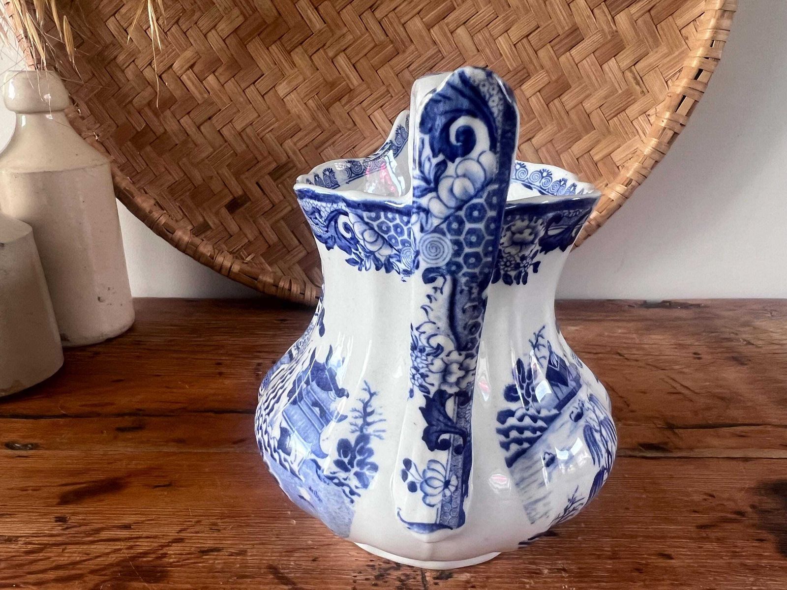 Antique Masons Ironstone Hydra Jug, Circa 1830 Blue And White Octagonal Serpent Pitcher, Turner Willow Pagoda Chinoiserie Transferware photo vinterior