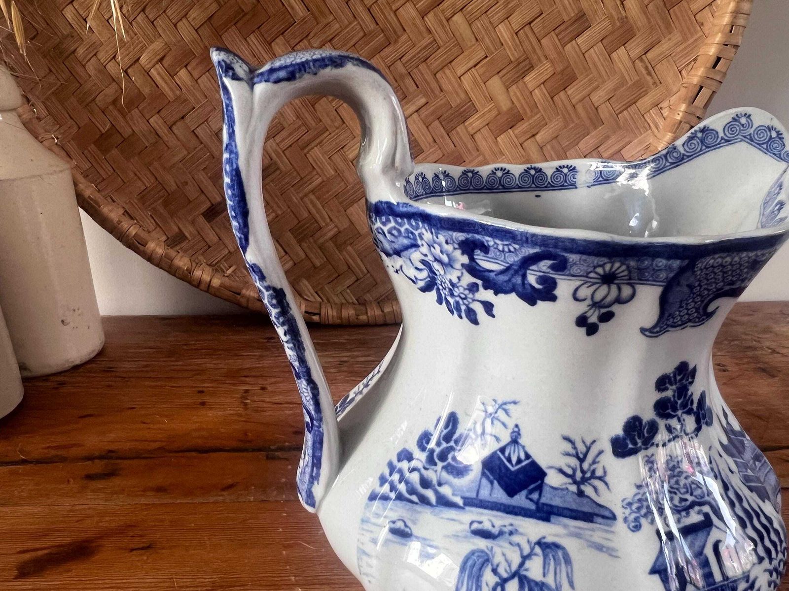 Antique Masons Ironstone Hydra Jug, Circa 1830 Blue And White Octagonal Serpent Pitcher, Turner Willow Pagoda Chinoiserie Transferware photo buy