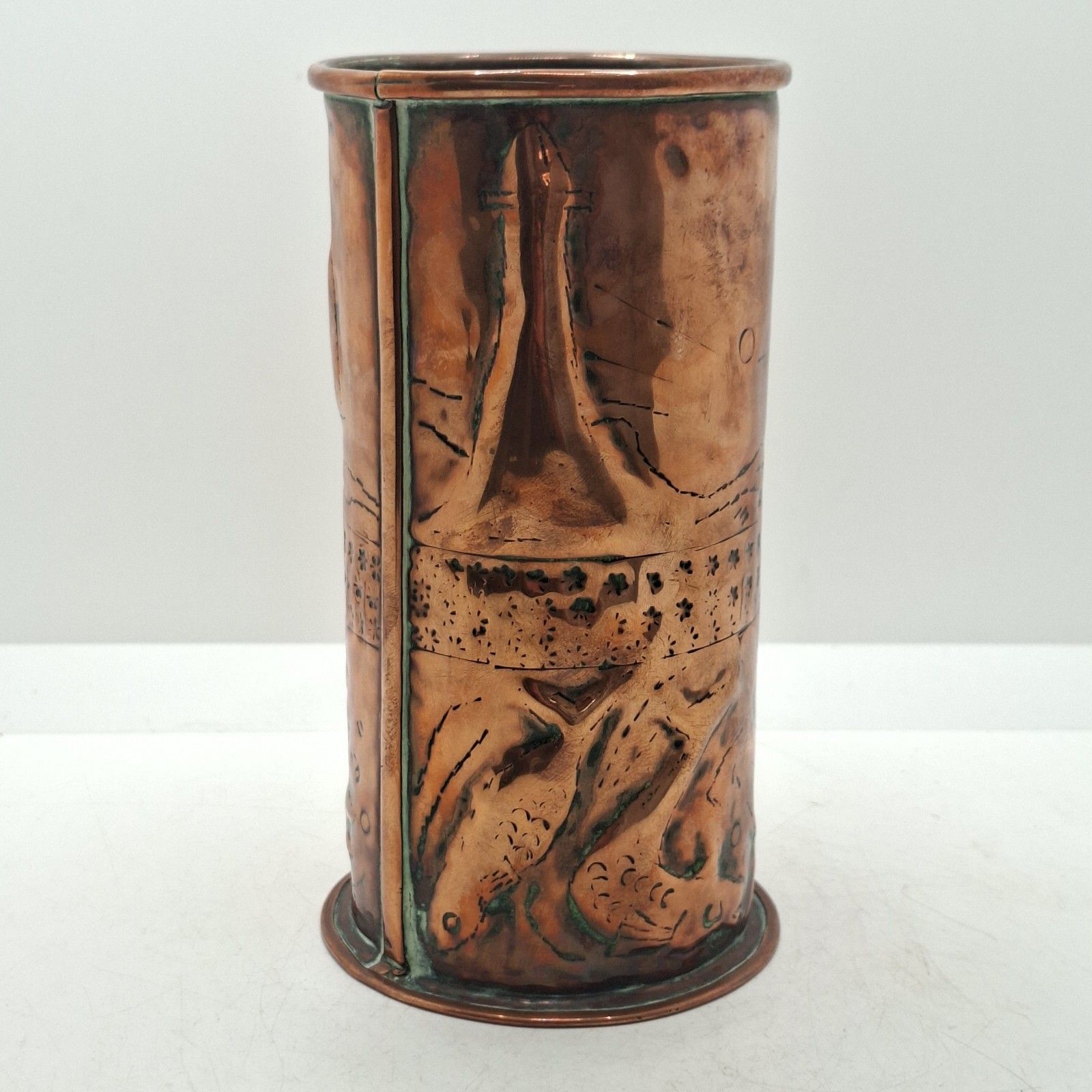 Newlyn Copper Vase Arts And Crafts Repousse Fish Boats Lighthouse Antique