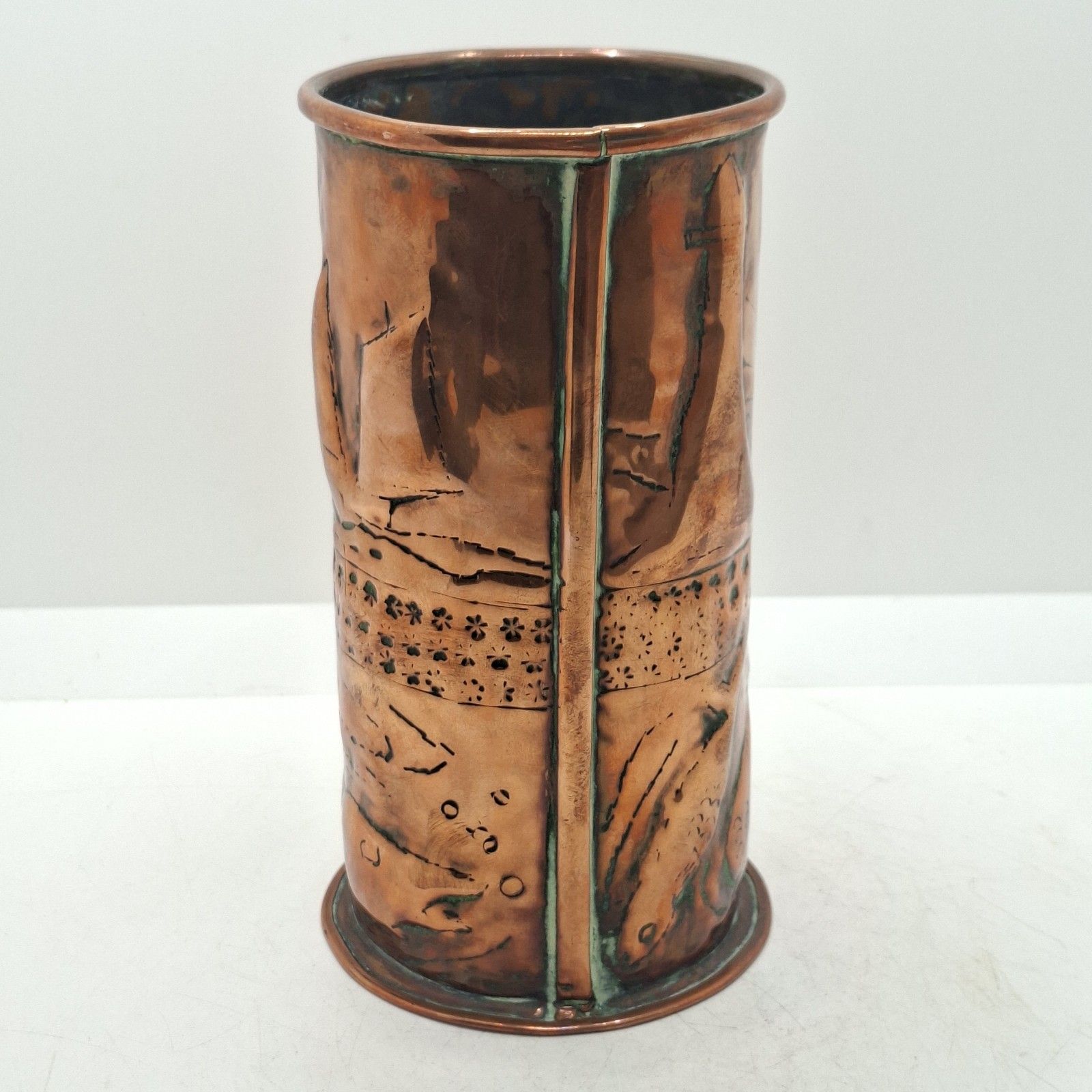 Newlyn Copper Vase Arts And Crafts Repousse Fish Boats Lighthouse Antique photo Home Decor