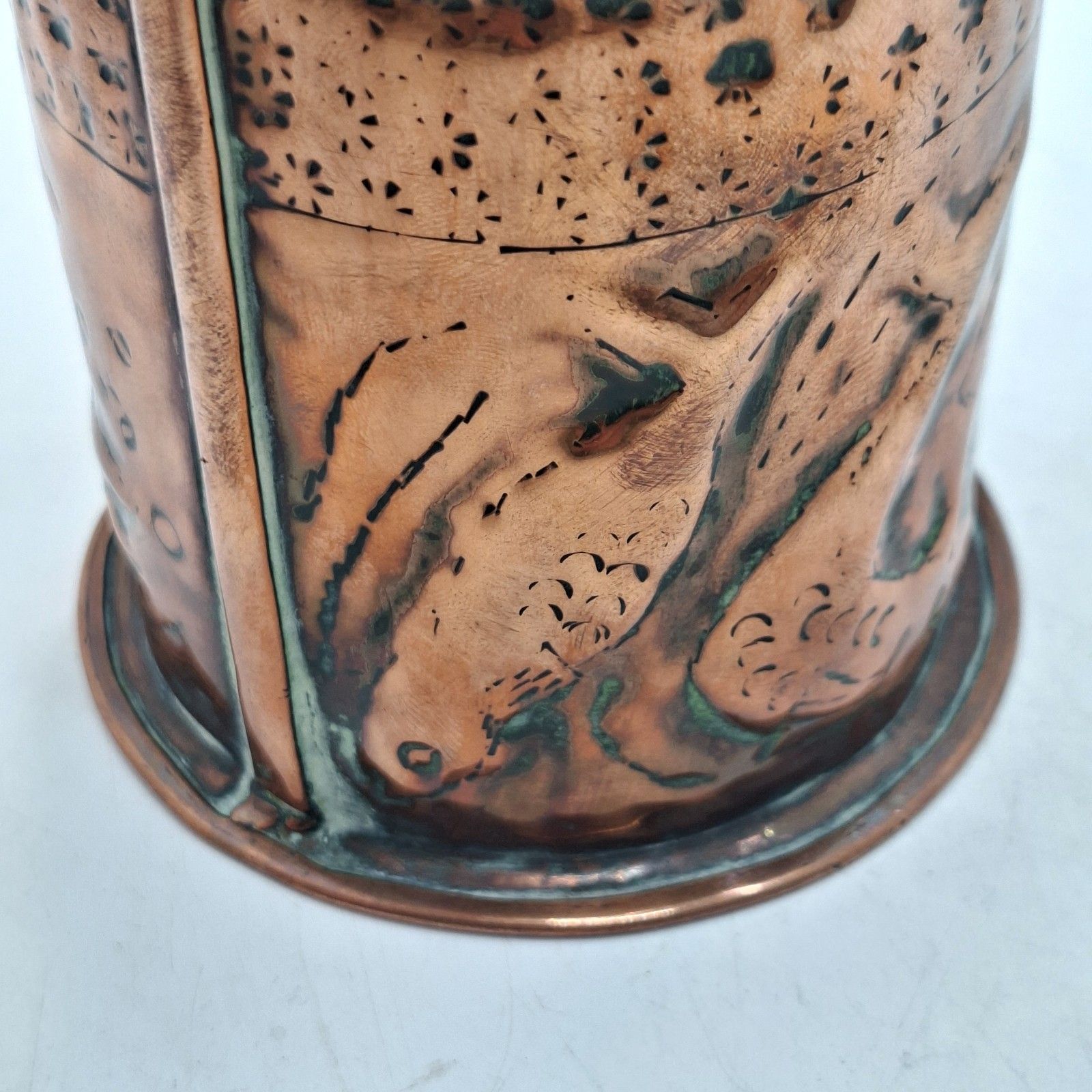 photo for sale Newlyn Copper Vase Arts And Crafts Repousse Fish Boats Lighthouse Antique