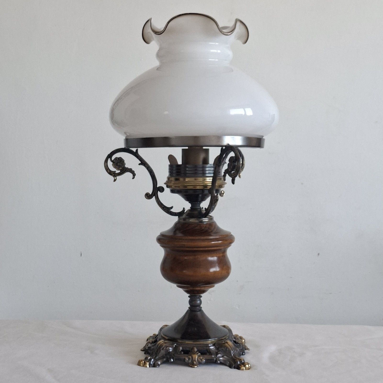 Italian Electric Oil Style Table Lamp Turned Wood Glass Shade Vintage Lighting photo furniture