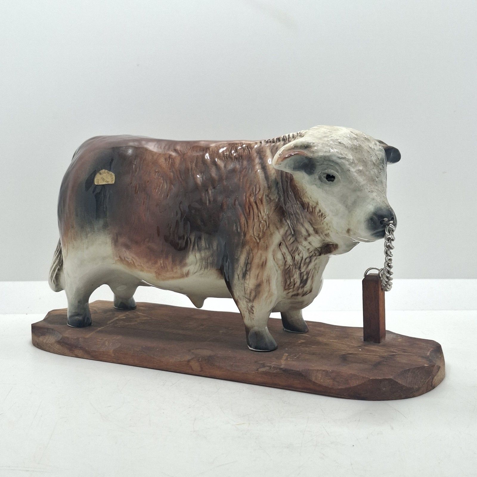 Rare Pearl Art Pottery Bull Figurine Staffordshire Wooden Base Vintage