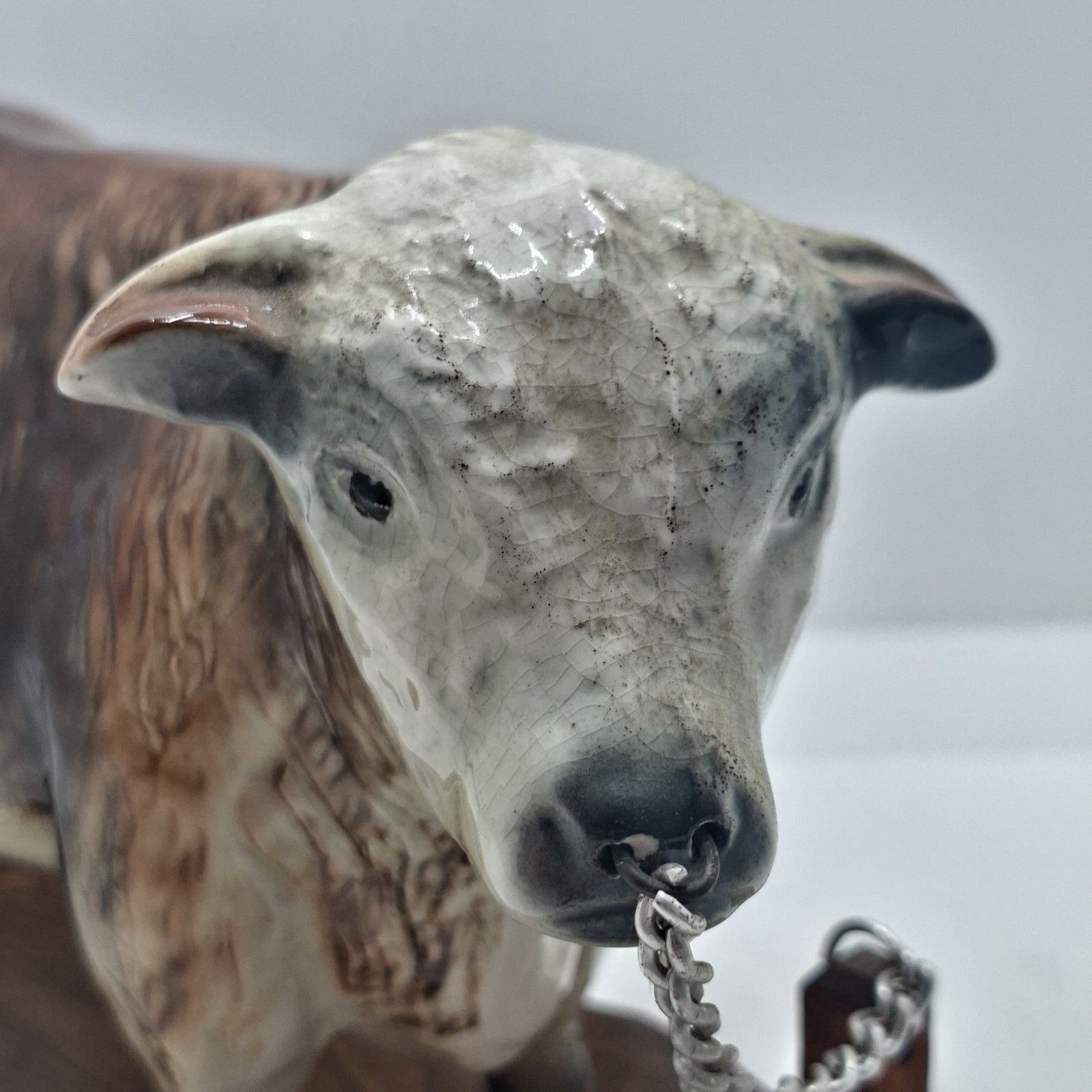 Rare Pearl Art Pottery Bull Figurine Staffordshire Wooden Base Vintage photo for sale