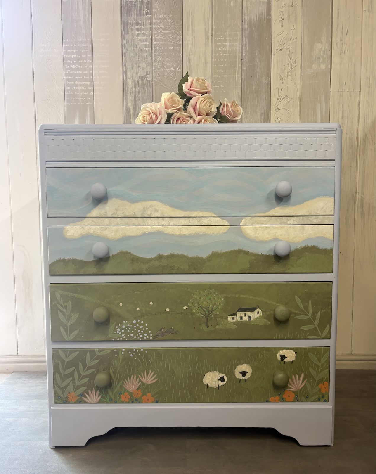 Hand Painted Landscape Vintage Chest Of Drawers