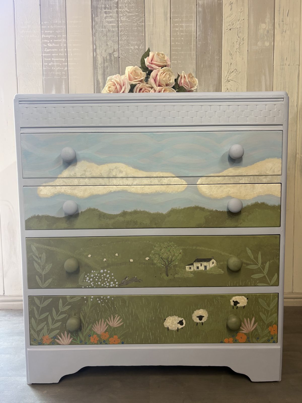 Furniture Hand Painted Landscape Vintage Chest Of Drawers photo