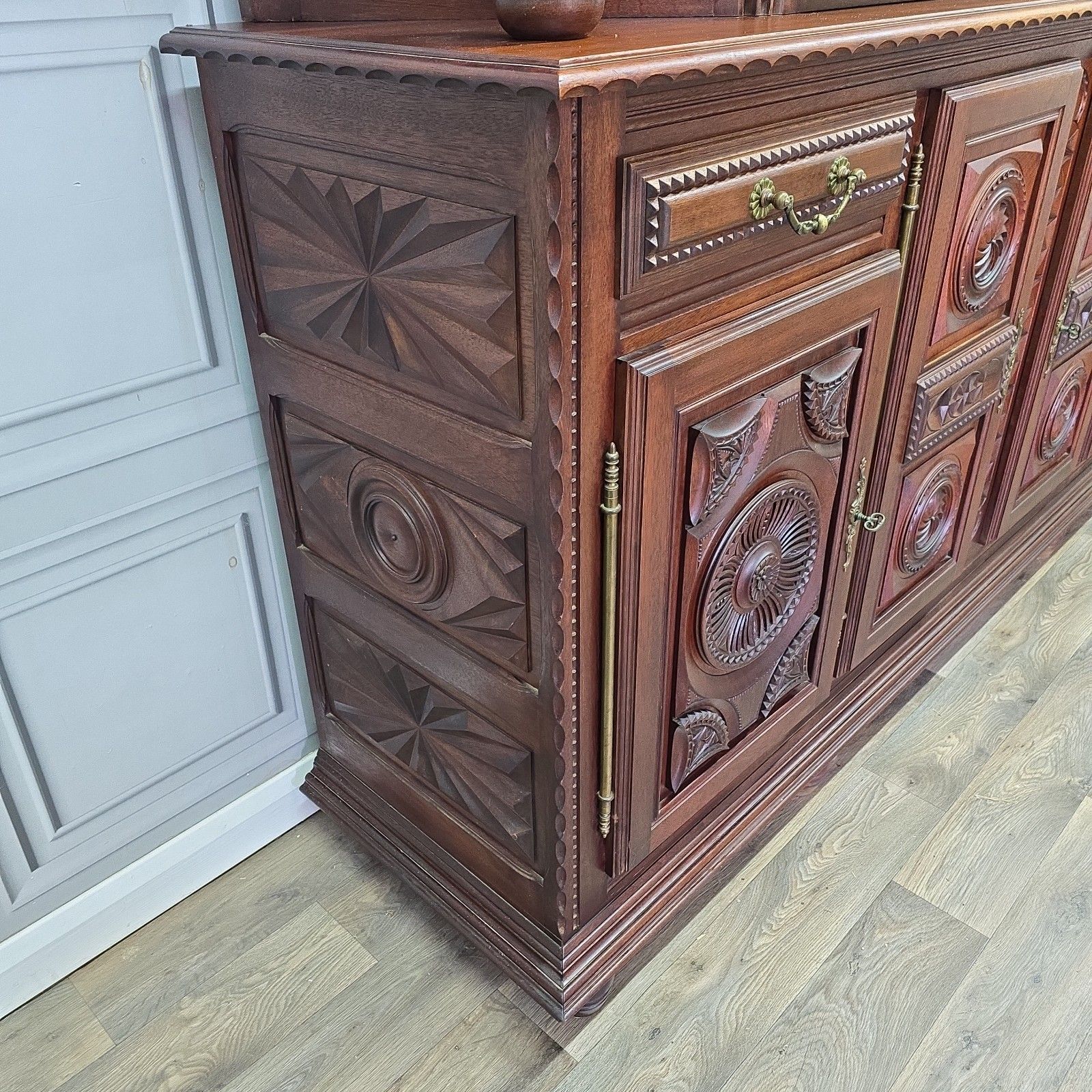 Vintage French Buffet Cabinet Large Carved Solid Walnut Wooden Antique Revival photo Furniture