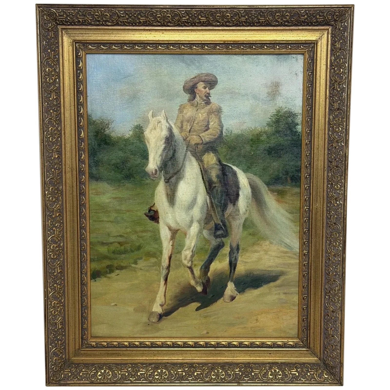 Olieverfschilderij Portret van Wild West Buffalo Bill te Paard op een Grijs Paard, naar Rosa Bonheur