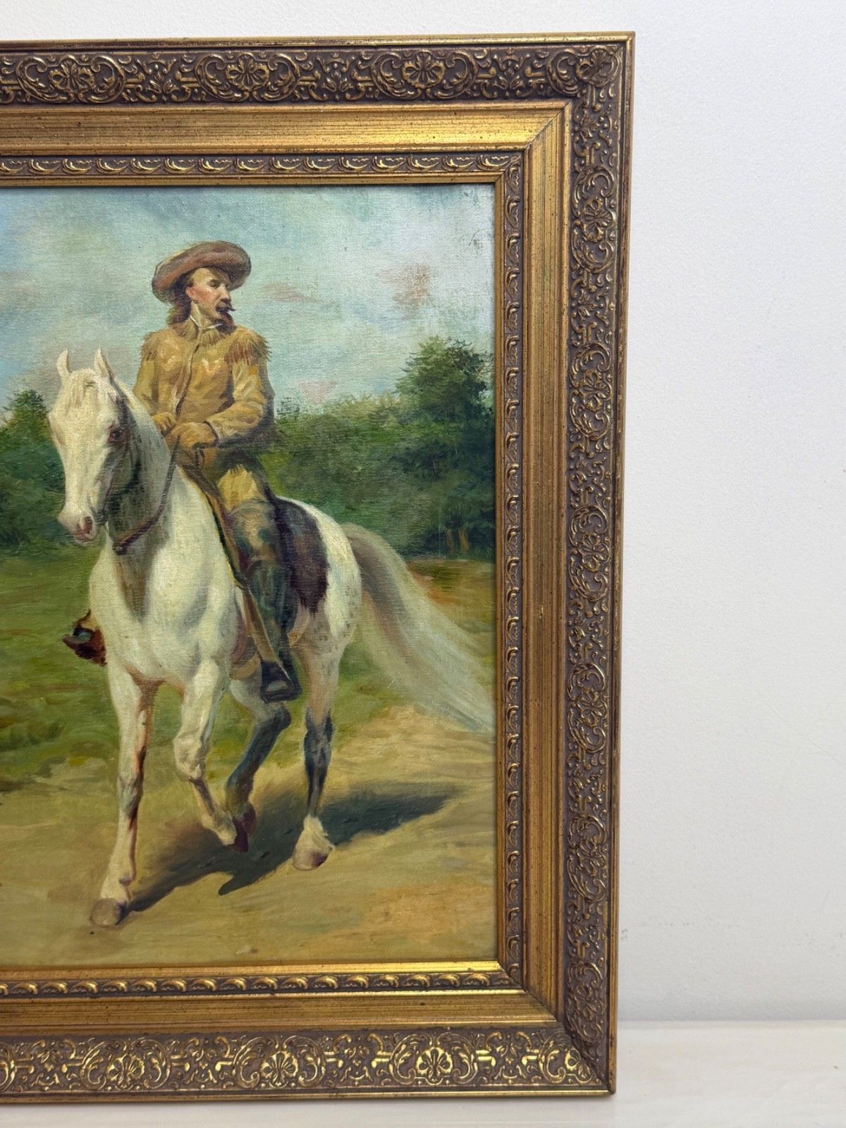 photo vintage Olieverfschilderij Portret van Wild West Buffalo Bill te Paard op een Grijs Paard, naar Rosa Bonheur