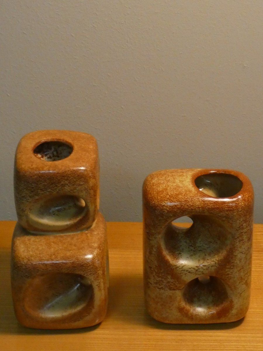Vases With Geometric Shapes By Roberto Rigon For Bertoncello Ceramiche Darte, Italy, 1970s, Set Of 2 photo furniture