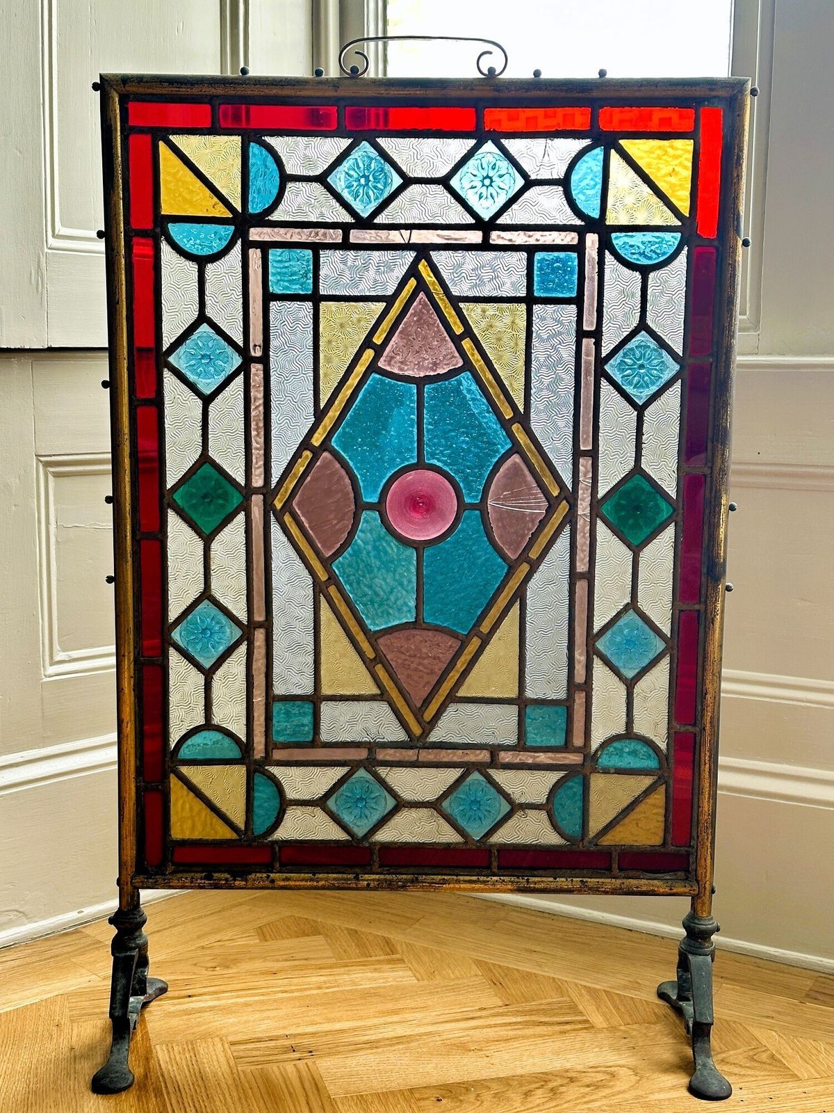 Arts & Crafts English Stained Glass Firescreen On Iron Stand photo furniture