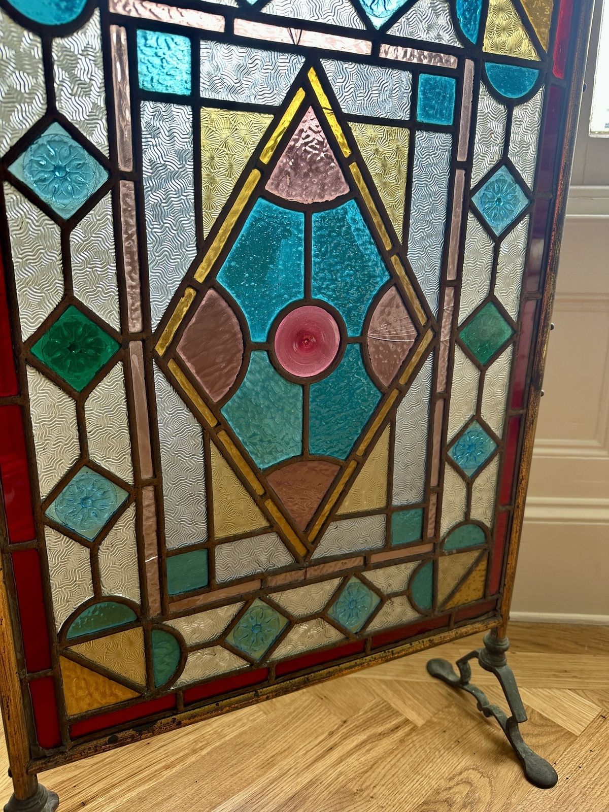 Arts & Crafts English Stained Glass Firescreen On Iron Stand photo for sale
