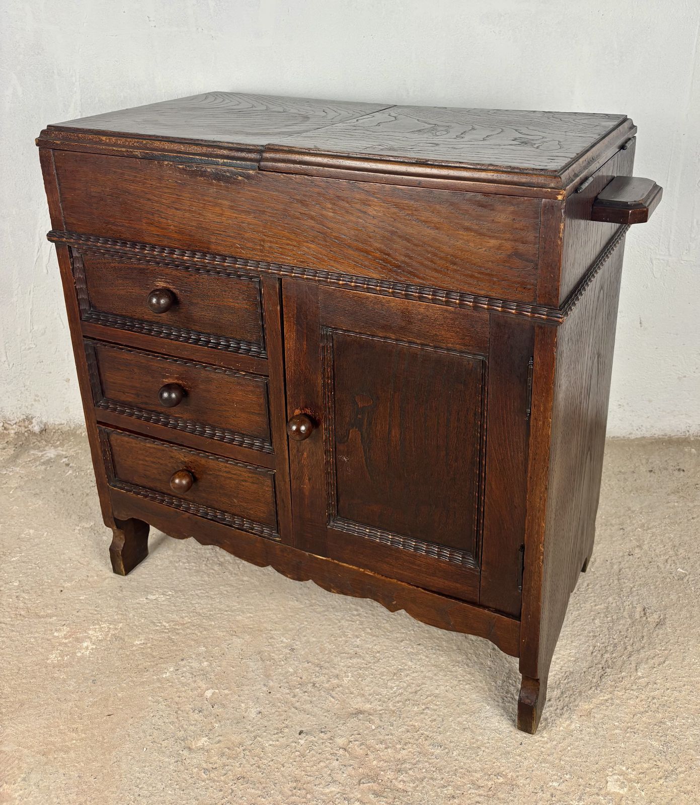 Spanish Oak Sewing Cabinet With Fabric Basket, Early 20th Century photo buy