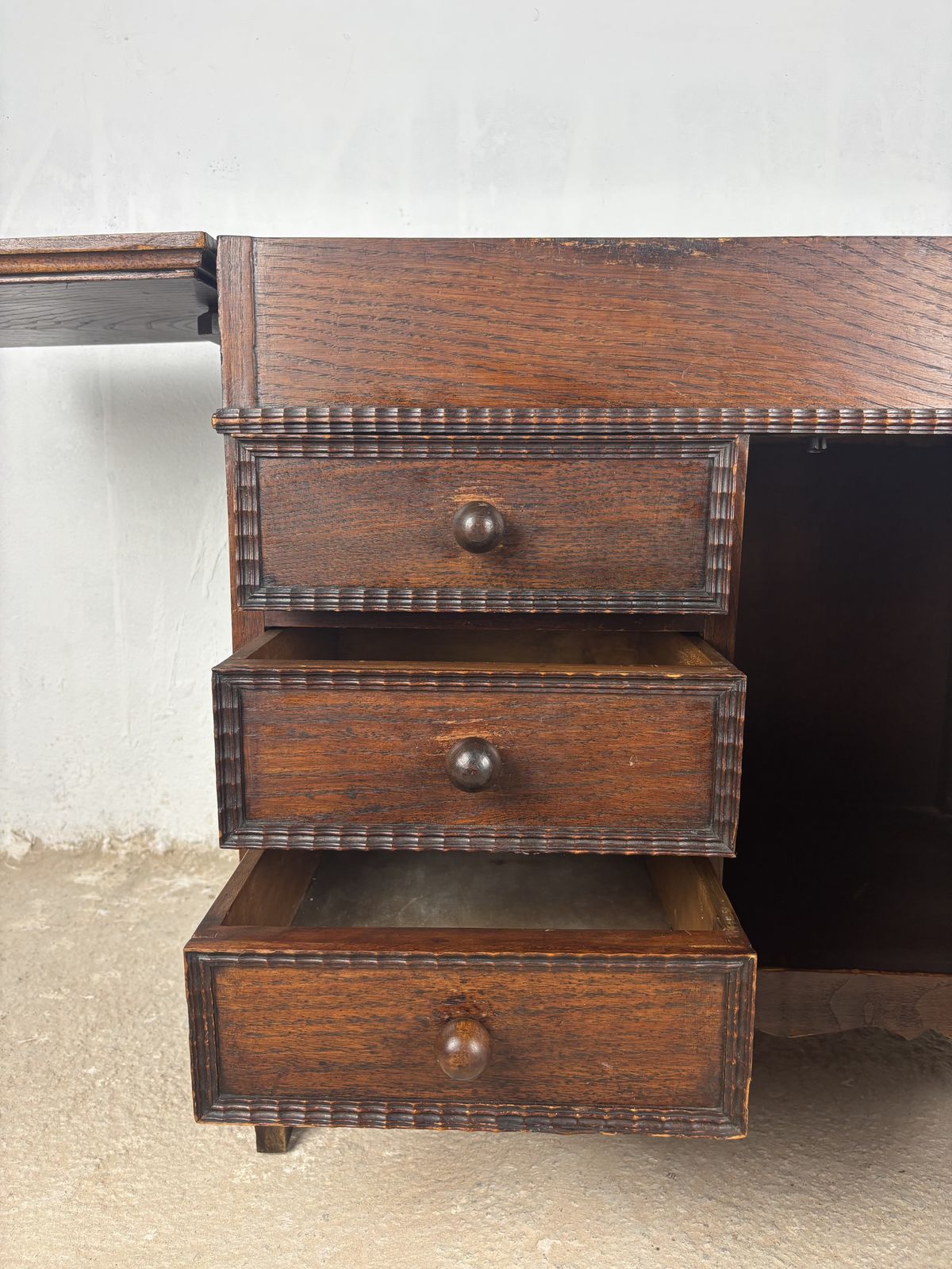 1340.0 Spanish Oak Sewing Cabinet With Fabric Basket, Early 20th Century photo