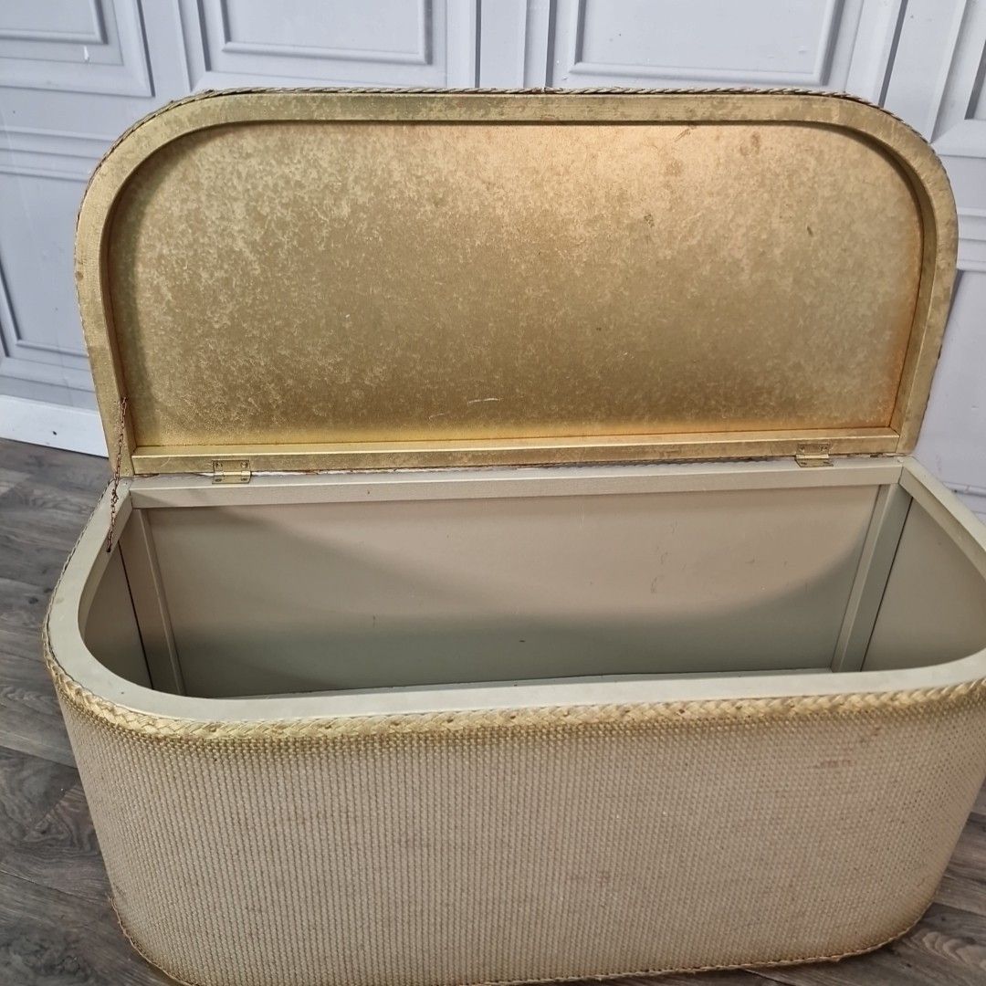 Vintage Lidded Ottoman Storage Trunk Upholstered Linen Style Blanket Box Retro photo 60.0
