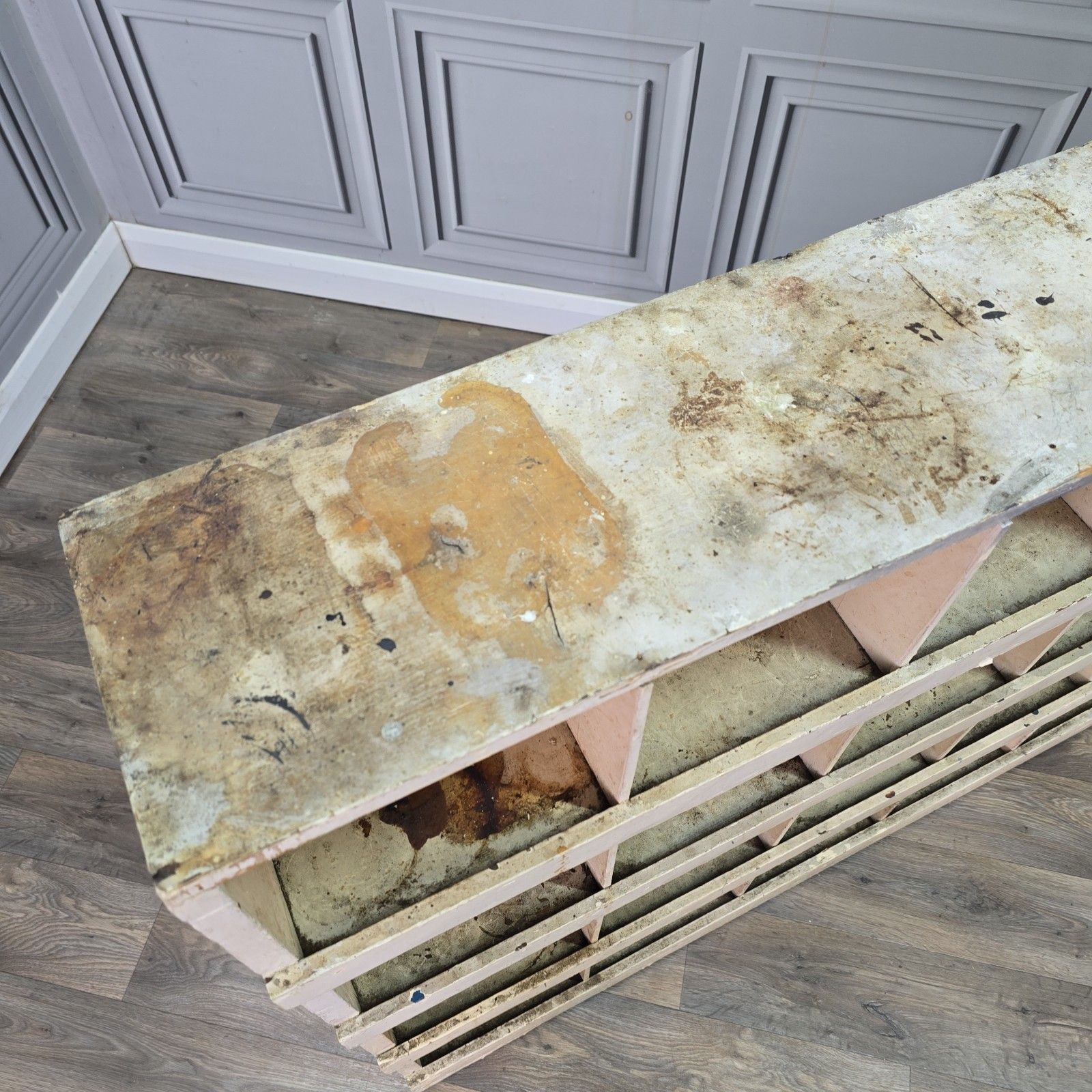 photo for sale Vintage Workshop Pigeon Hole Shelving Unit Industrial Rustic Painted Wood Retro