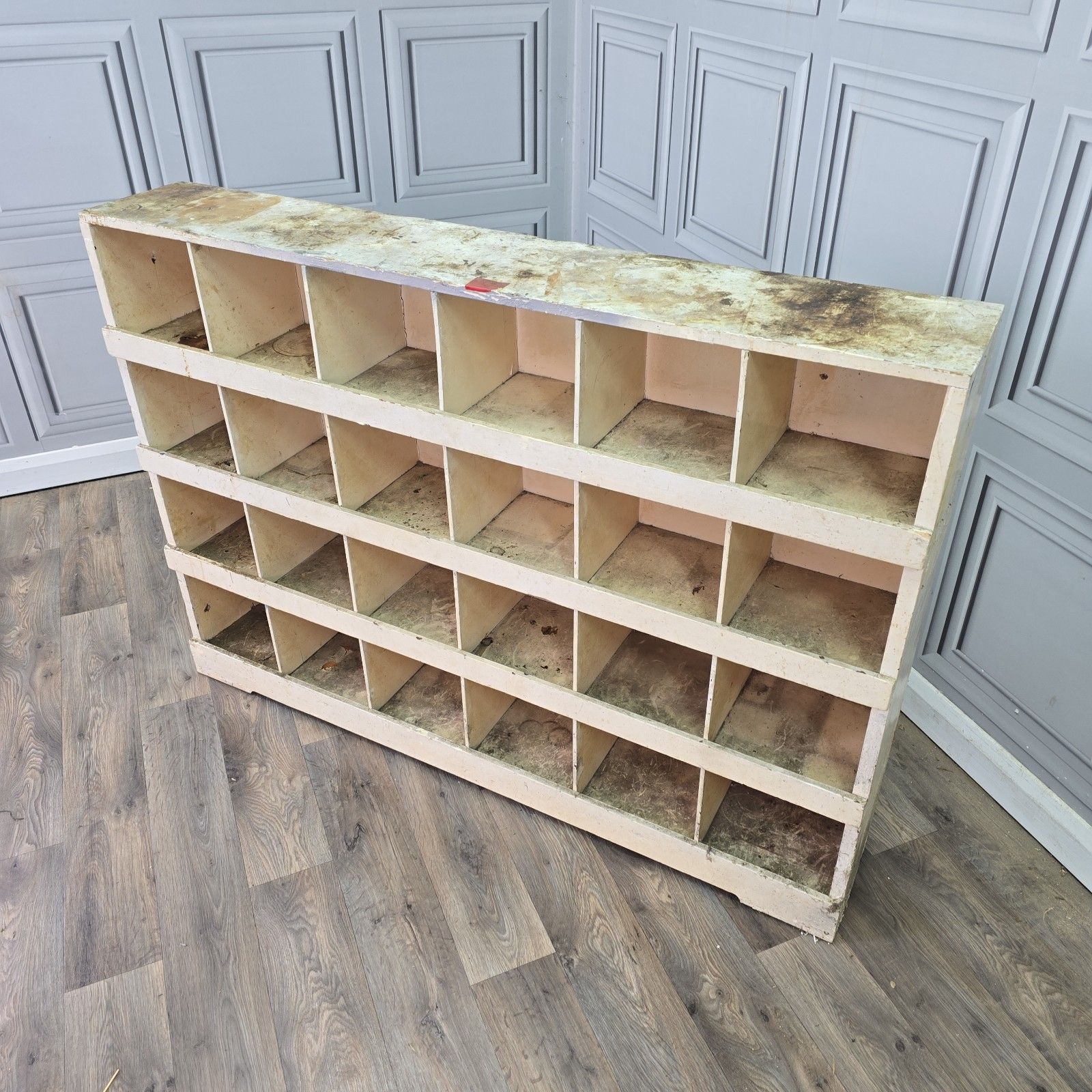 260.0 Vintage Workshop Pigeon Hole Shelving Unit Industrial Rustic Painted Wood Retro photo