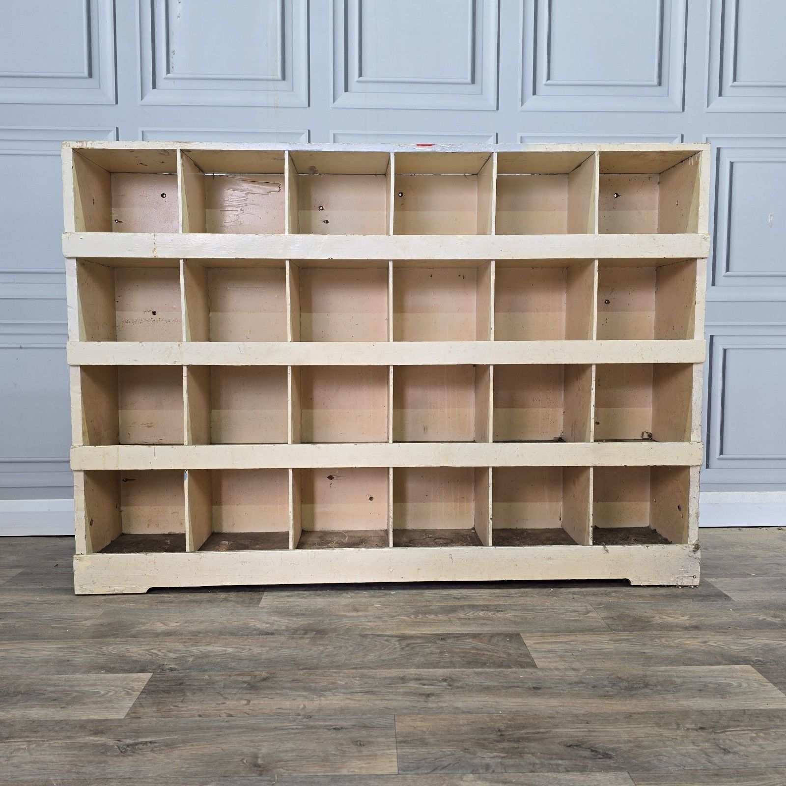 photo vinterior Vintage Workshop Pigeon Hole Shelving Unit Industrial Rustic Painted Wood Retro