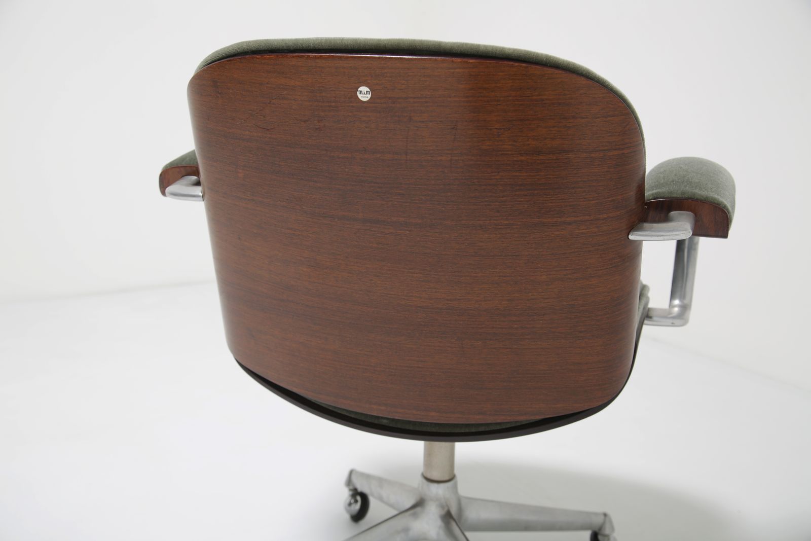 1450.0 Ico Parisi Italian Executive Desk Chair, Figured Rosewood Sage Green Mohair Velvet For Mim, Italy, 1960s photo