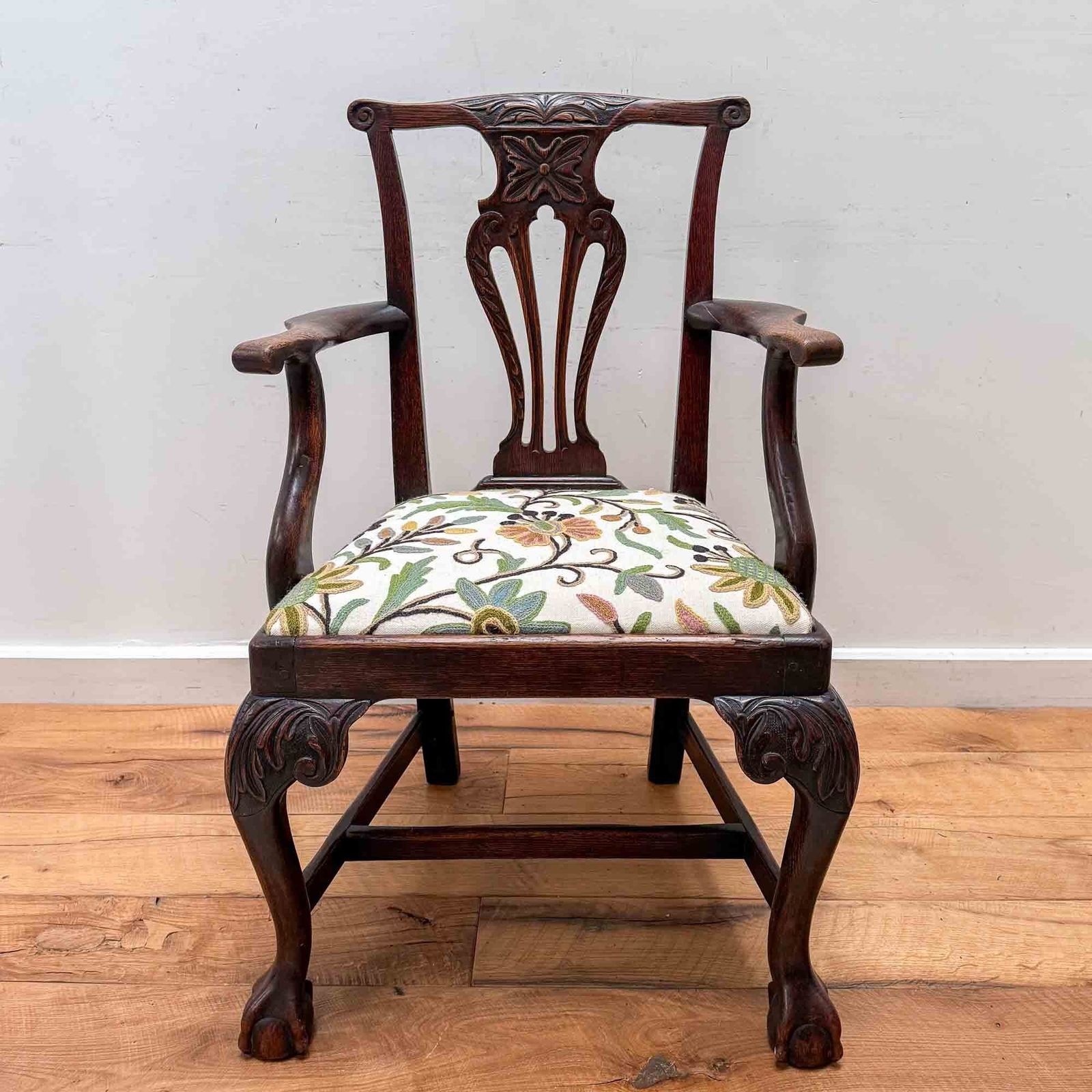 Antique Oak Carved Chair With Crewel Work Seat photo for sale