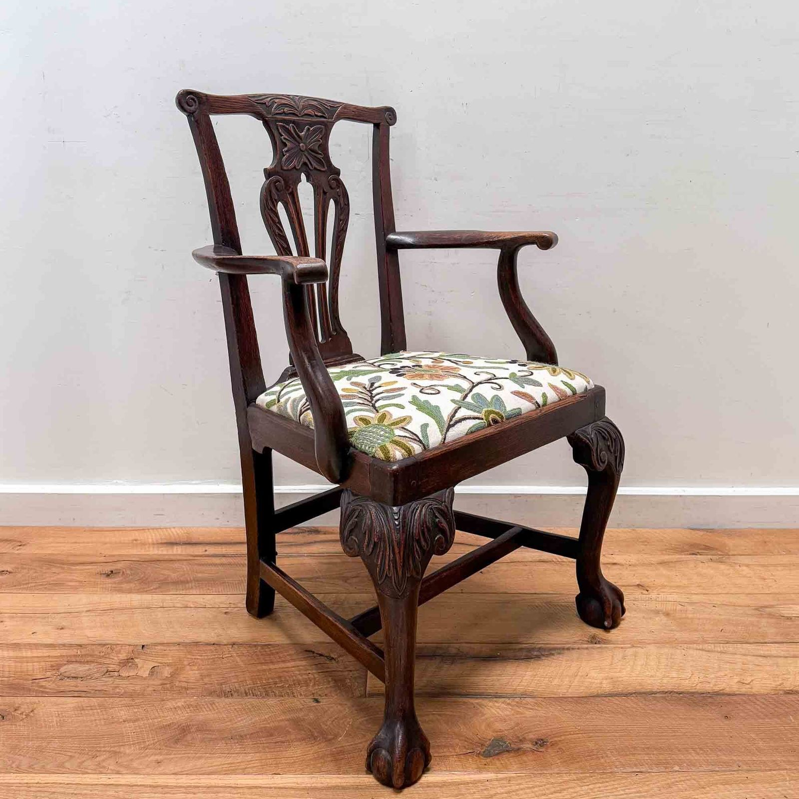 Antique Oak Carved Chair With Crewel Work Seat photo Furniture