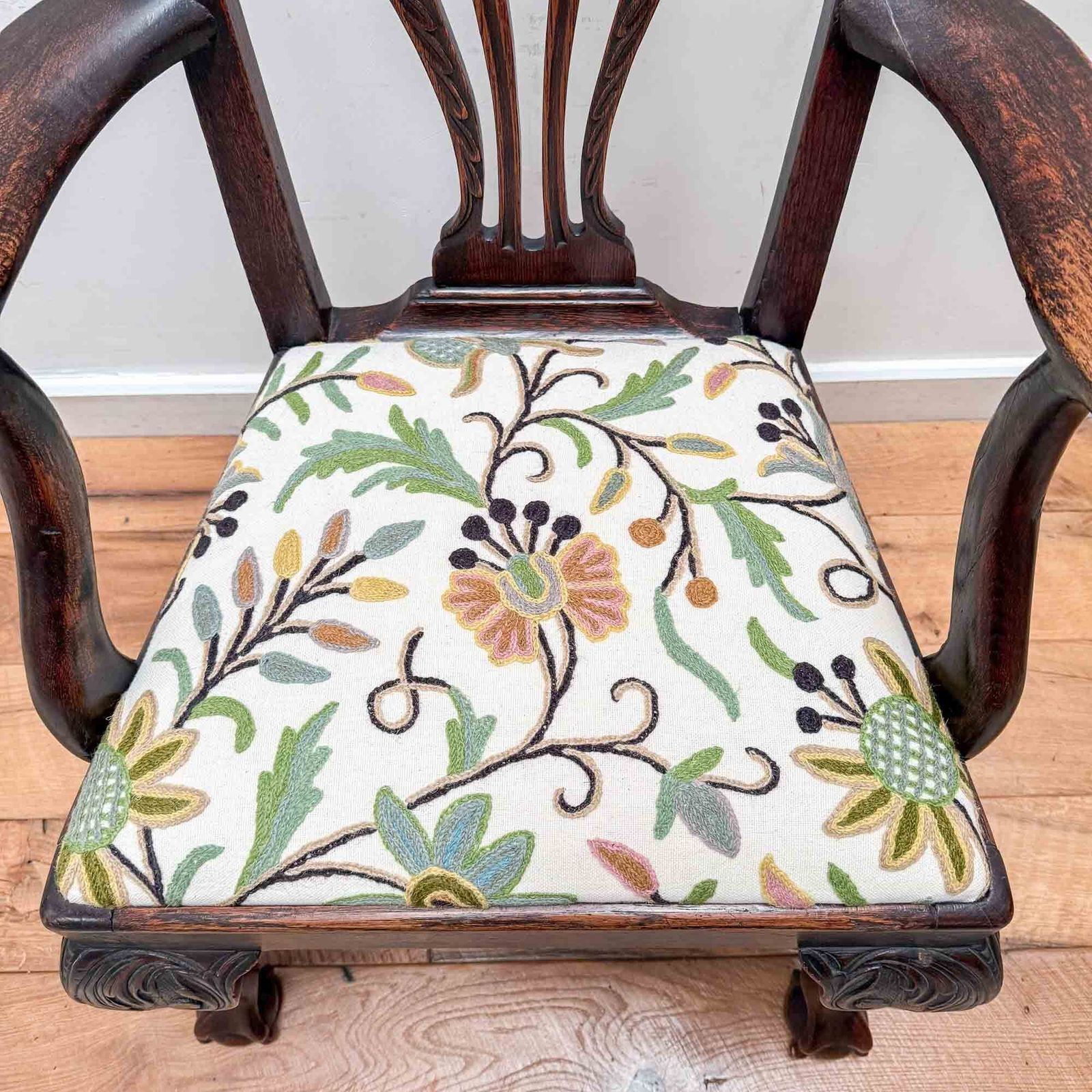 Furniture Antique Oak Carved Chair With Crewel Work Seat photo