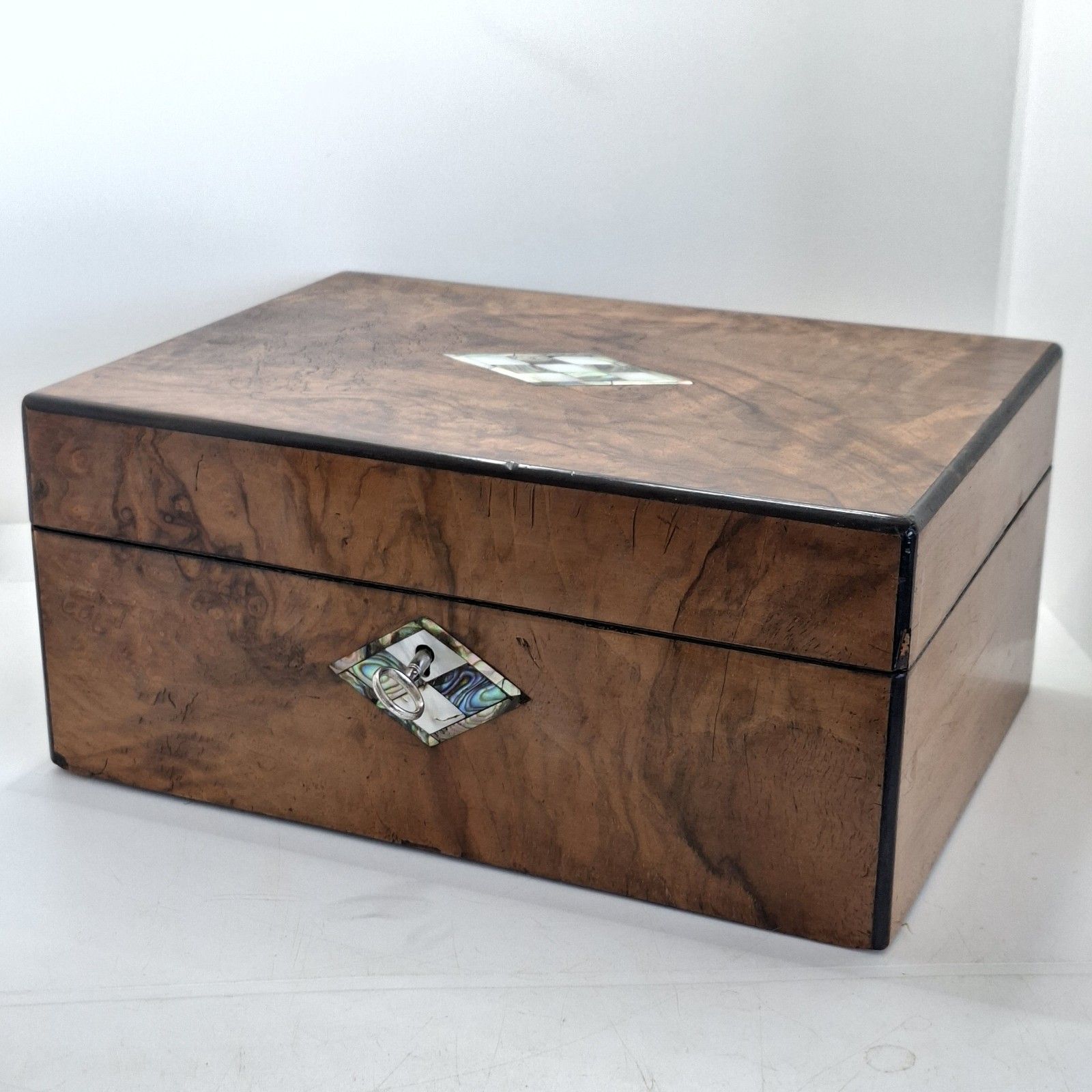 Victorian Walnut Jewellery Box Mother Of Pearl Inlay With Key Antique photo furniture