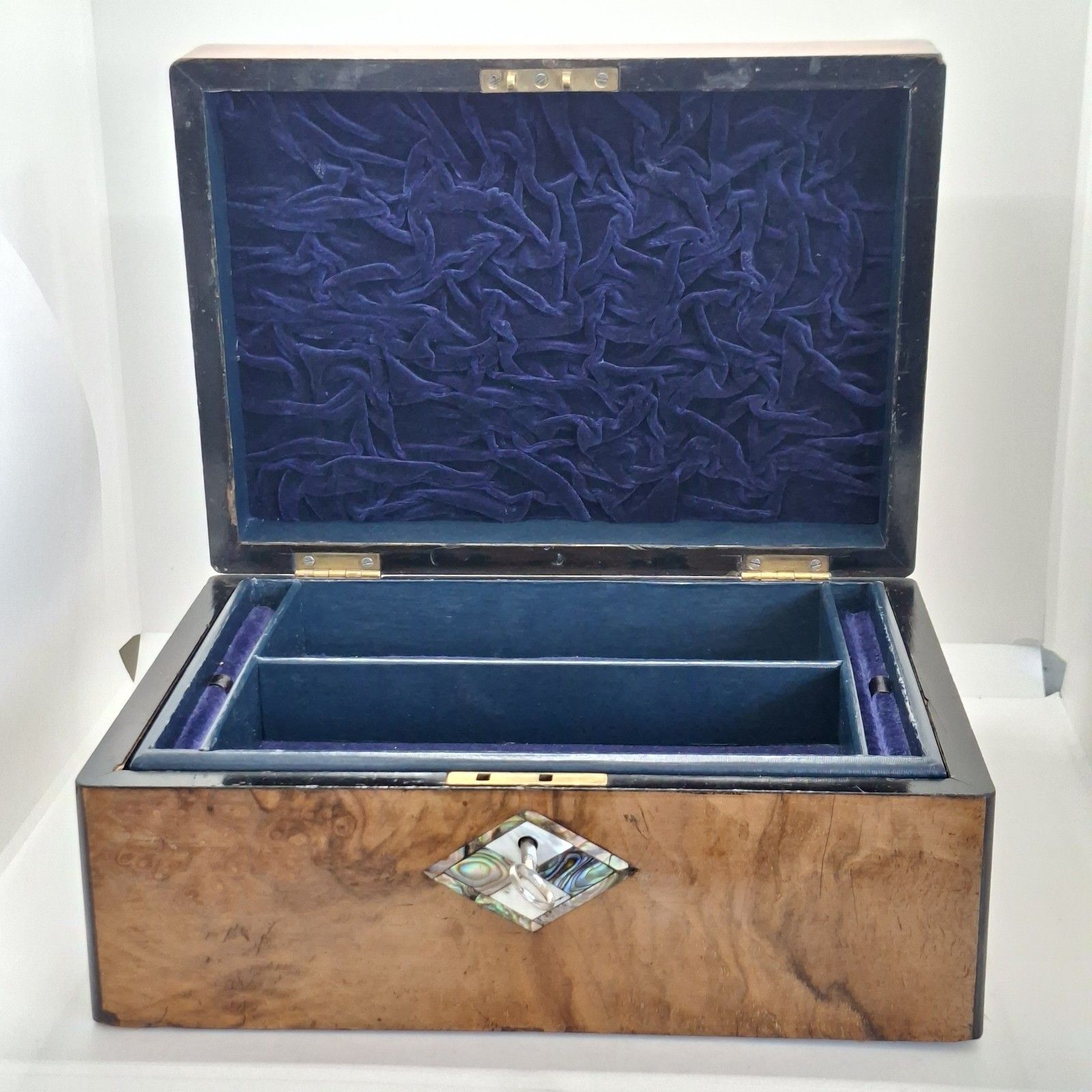 Victorian Walnut Jewellery Box Mother Of Pearl Inlay With Key Antique photo Home Decor